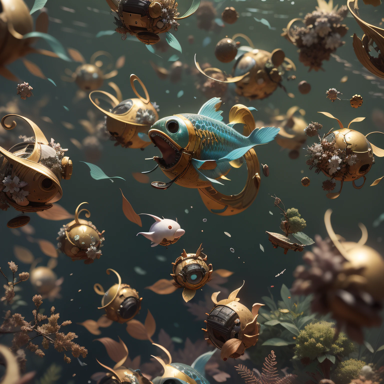 4kHD, hyper detailed, morphing material floating in the air, scattered clusters of machine debris, extra detail, tiny brass anglerfish swimming in the air