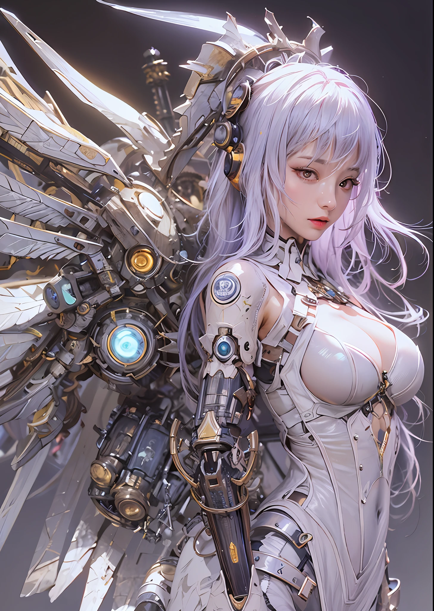 top-quality、masterpiece、超A high resolution、(Photorealsitic:1.4)、Raw photo、Steampunk Battle Cyborg Angel、large wings made of metal、White porcelain body、Acrylic Clear Cover、white hair、glowy skin、1 Cyborg Girl、((super realistic details))、portlate、globalillumination、Shadow、octan render、8K、ultrasharp、character edge light,Colossal tits、Raw skin is exposed in cleavage、Details of complex ornaments、Sumerian details、Hydraulic cylinder、Small LED lamp、highly intricate detail、Realistic light、a purple eye、radiant eyes、Facing the camera、neon details、cowboy shot、Futuristic headgear、About Cyberpunk、、
