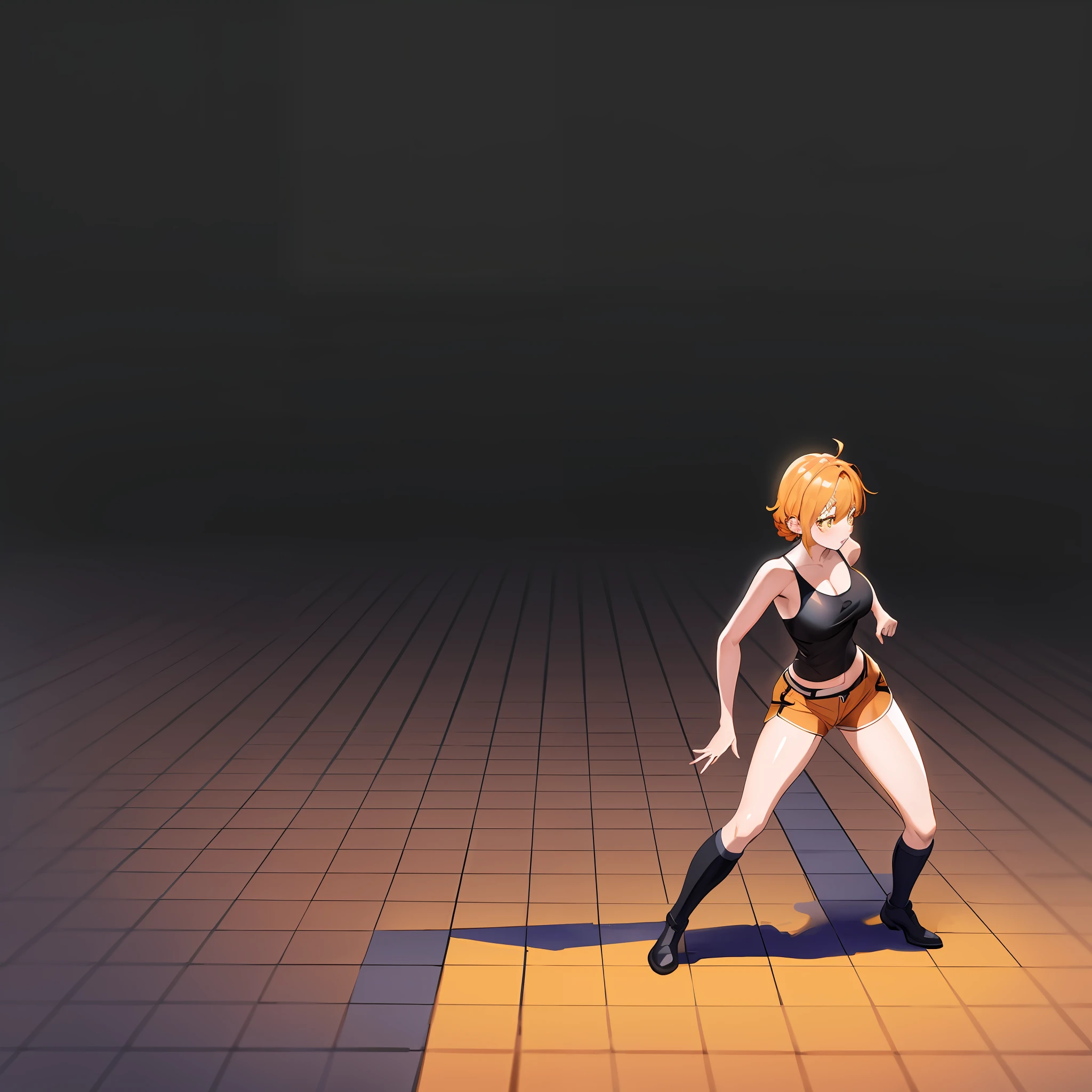 ((Best quality)), ((masterpiece)), ((highly intricate details)), beautiful, high quality, high resolution, absurd, light diffusion, intricate details, intricate details, ((anime)), (anime:1.2) , (perfect face: 1.3), colorful, more detailed, vibrant colors, high contrast, (8K UHD: 1.2), (photorealistic: 1.2), (masterpiece: 1.4), (best quality: 1.4) ), extremely detailed wallpaper, highly detailed illustrations, (super complex detail), unified 4K, (super detailed CG: 1.2), (8K: 1.2), (original), (masterpiece), (best quality), (reality : 1.3), photorealistic, Octane rendering, (surreal: 1.2) ,((masterpiece:1.4, best quality:1.2)),1girl, huge breasts, tiled surface, running pose, anime girl running, MOCAP, pose of dynamic movement, full body with dynamic pose, character animation, character animation, dynamic active running pose, realistic dynamic pose, character pose, Character is standing, animation model, she is dancing. realistic, character is in his natural pose, dark skin, black belly shirt, orange curly hair, ((small orange shorts)), yellow eyes, white high boots, ((night)), simple background, dark black background