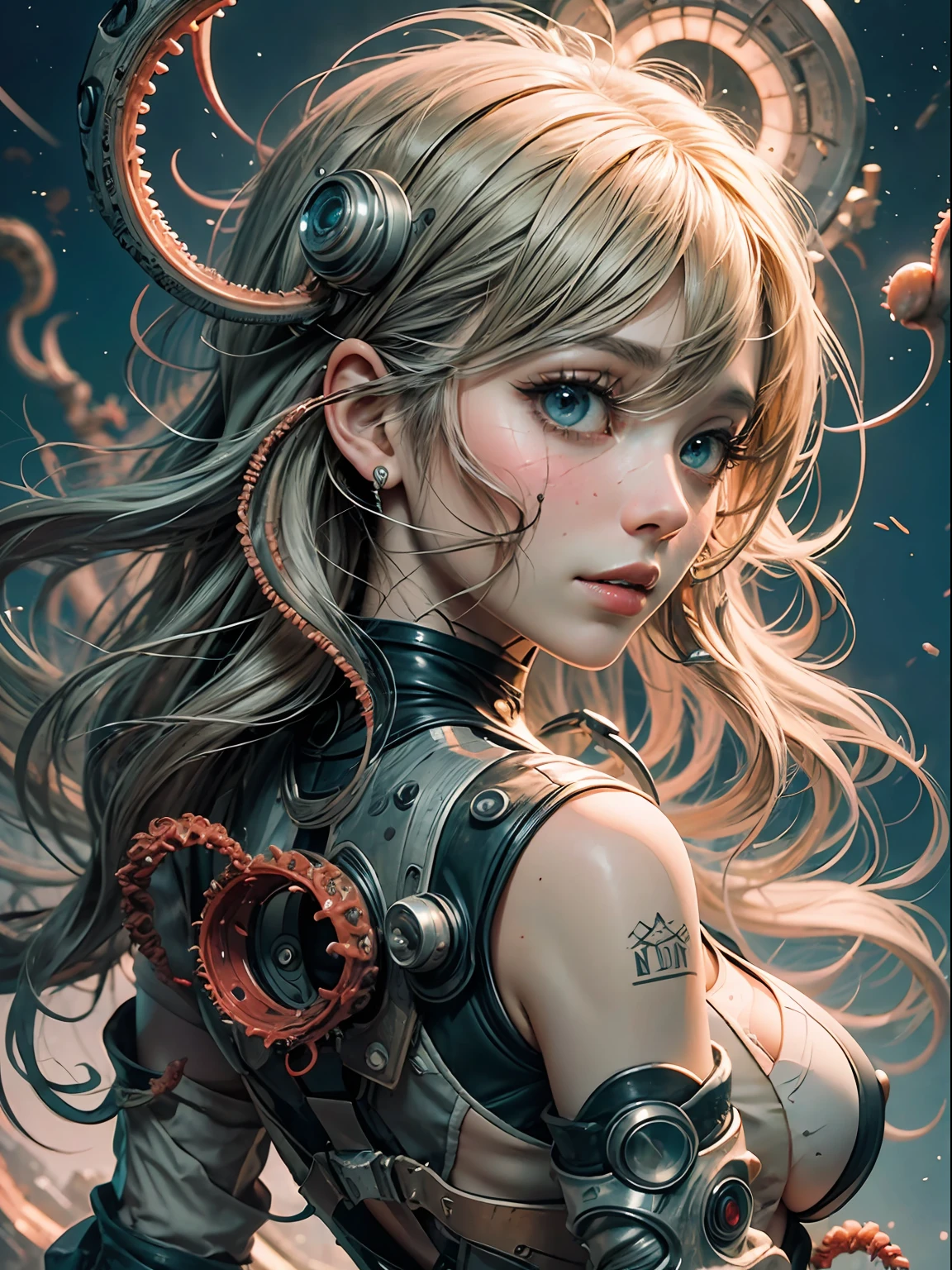 high high quality，tmasterpiece，Delicate facial features，Delicate hair，Delicate eyes，Delicate hair，anime big breast，Style illustration of woman in spacesuit，Machinary，Tentacles wrapped around her, Fine details，style of anime， Covered with tentacles, tentacles around, beautiful octopus woman, some tentacles are touching her, sense of science and technology，sci-fy，digital art from danganronpa, A beautiful artwork illustration, jellyfish priestess, blood moon tentacles，High-quality anime works, 8K high quality detailed art（Delicate facial portrayal）（Fine hair depiction）（highest  quality）（Master masterpieces）（High degree of completion）（a sense of atmosphere）8k wallpaper，tmasterpiece，Best quality at best，ultra - detailed