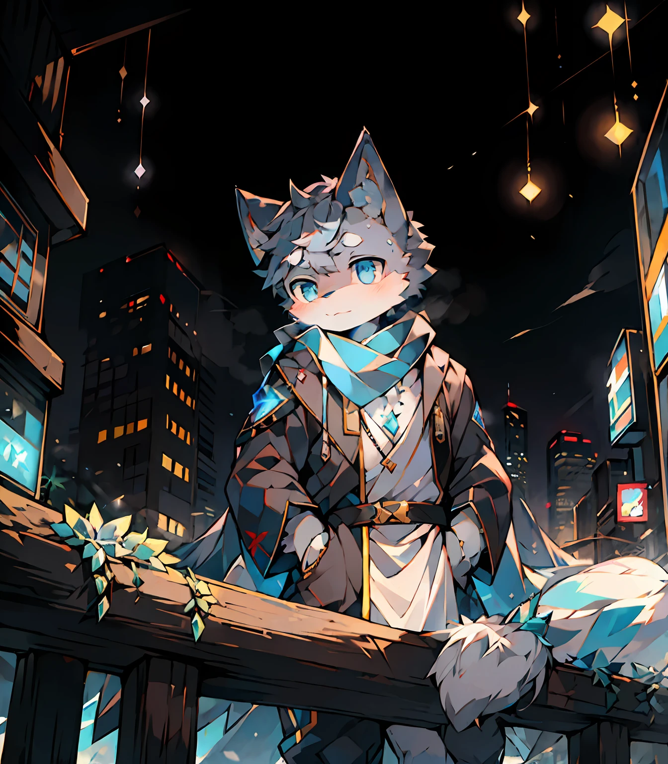 Highest image quality,A masterpiece,Delicate hands,finely-detailed eyes,Normal eyes,furry,Gray cat ears,Gray-blue hair,eBlue eyes,adolable,Handsome,((White scarf)),Cat type, Blue pupil, city night scene, Gray hair, By bangs,Gray crystal wings, Dappled light and shadow,short detailed hair,ember,There are bright eyes of God, Crystal fragments in the air, 城市,winter background,2022,New Year,Outfit in black,Cyberpunk city setting,独奏