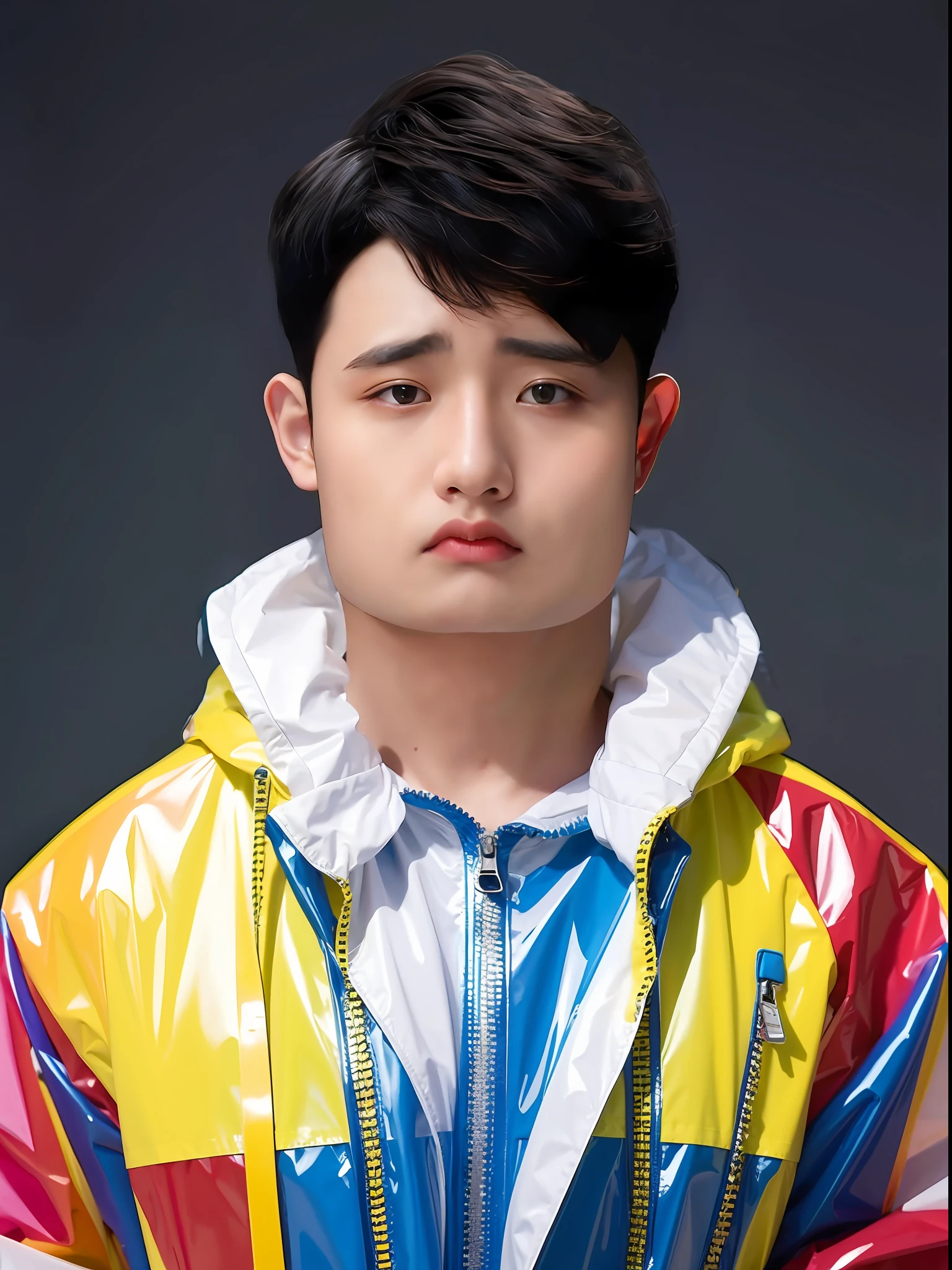 Chinese male high school student。Wearing a PVC colored raincoat,There are zippers