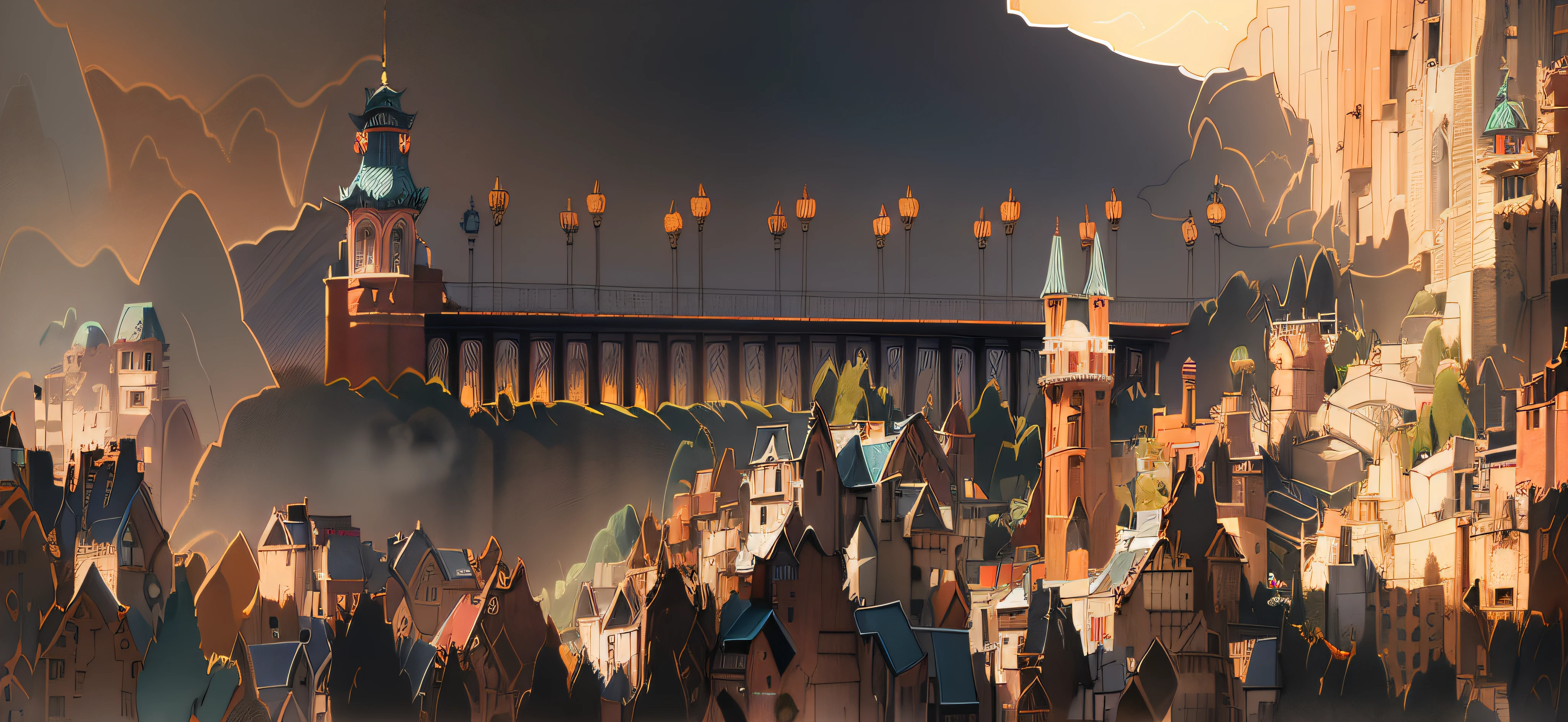 Drawing of city with clock tower and bridge, anime city line art, prosperous magical town, coloring - in the piece, town background, high bridge with city on top, traditional Chinese tower structure, Chinese story folklore, all buildings on the bridge, coloring page, town in the background, beautiful backlighting, evening ambiance, perfect Asian architecture, excellent architectural features, elegant and beautiful.