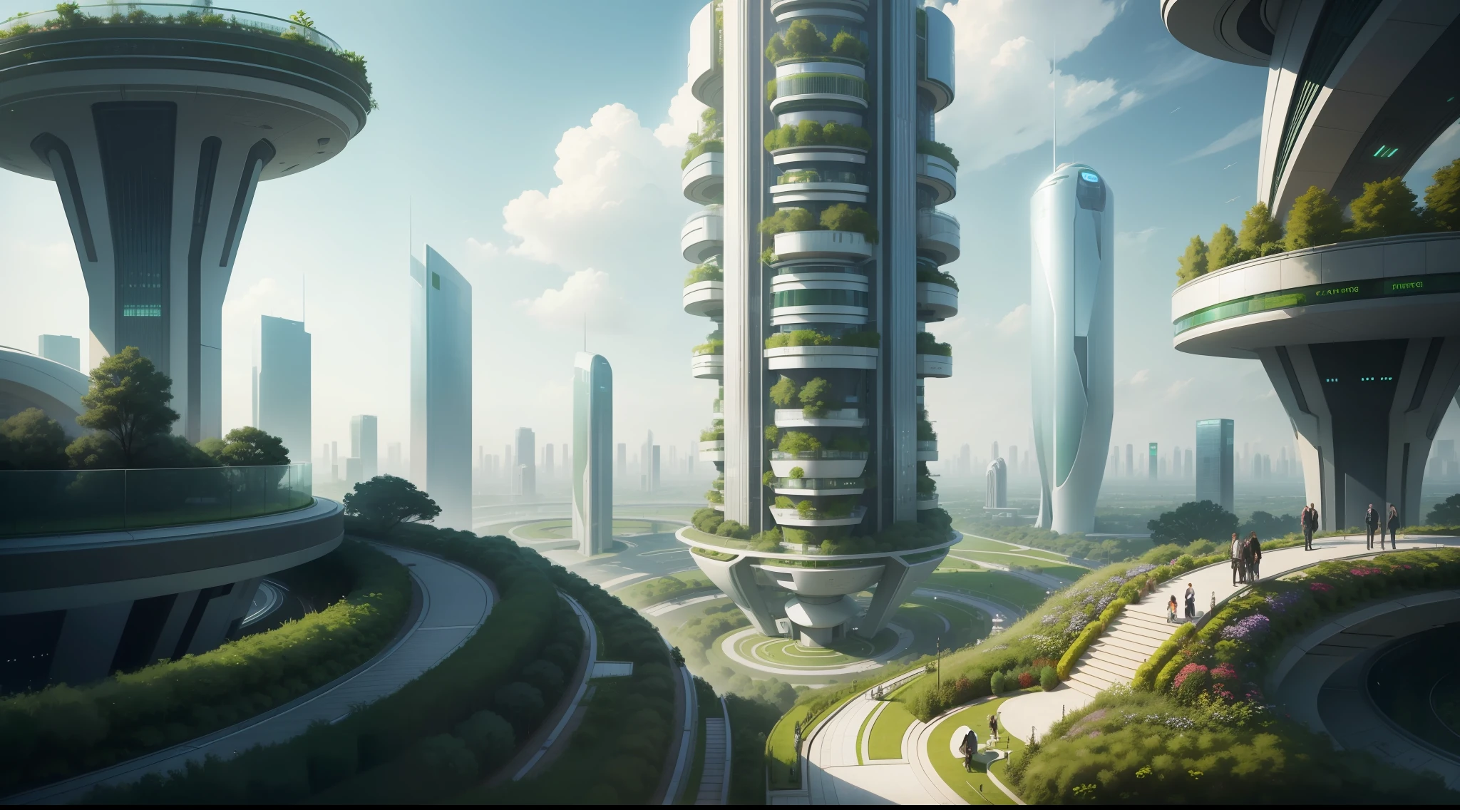 Green futuristic city garden,parks,200 floor futuristic floor apartment,space elevator,Complex architecture,Different buildings,A hovering car running on the road