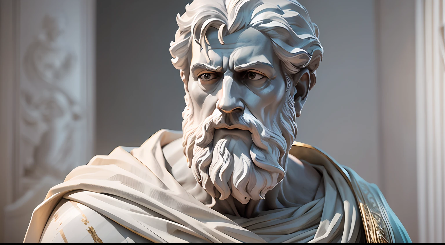 a realistic of bust greek white marble statue of aristoteles philosopher wearing a ghostly toga, neutral background, moody, stoic , photorealistic, cinematic scene, super detailed, hyper realistic, bright lights, 8 k --auto --s2