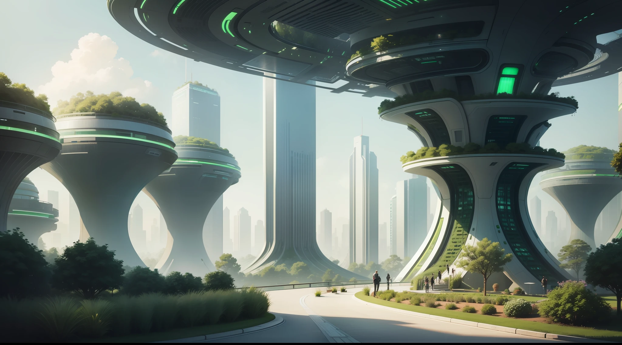 Green futuristic city garden，parks，200 floor futuristic floor apartment，space elevator，Complex architecture，Different buildings，A hovering car running on the road