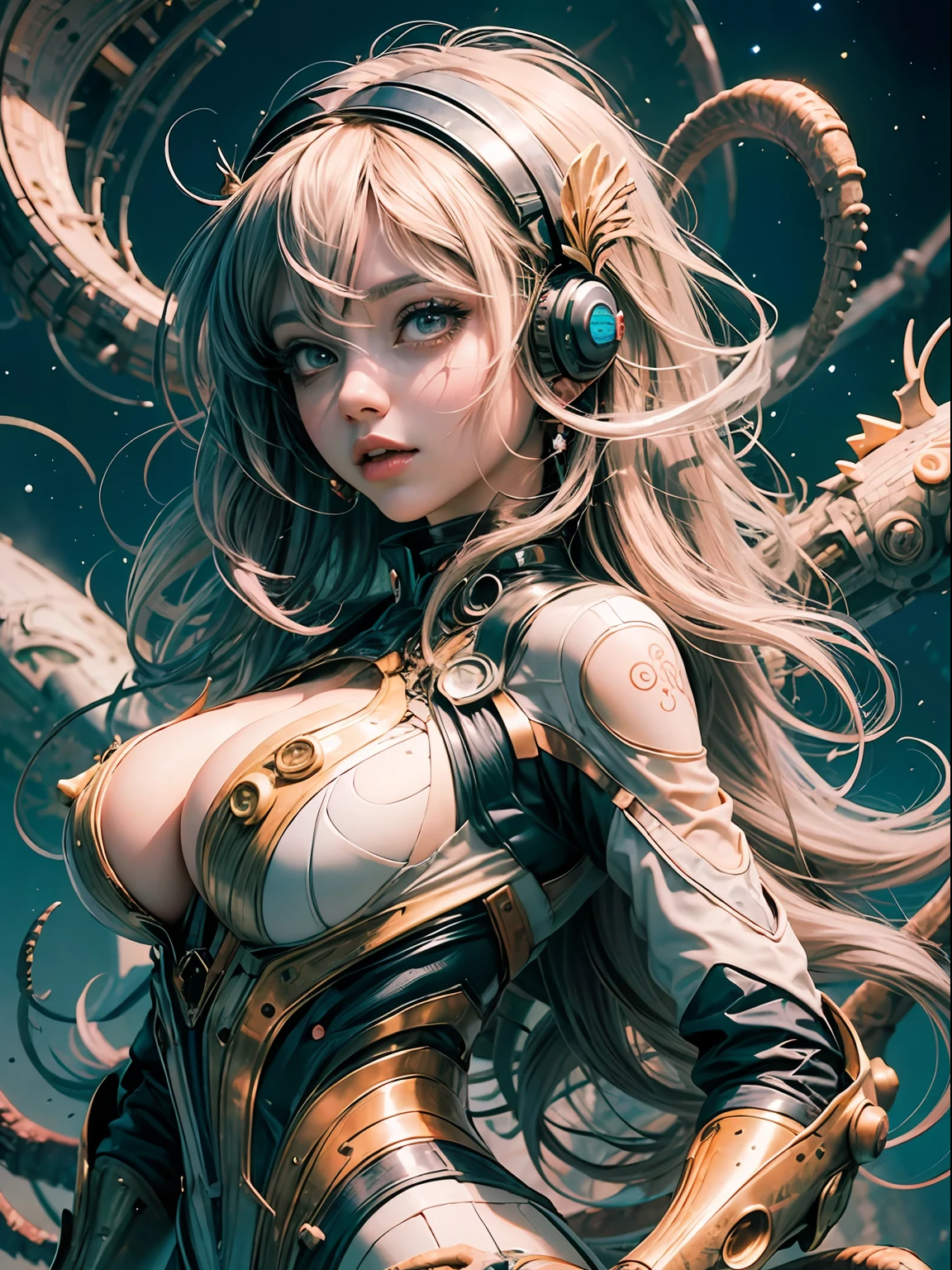 high high quality，tmasterpiece，Delicate facial features，Delicate hair，Delicate eyes，Delicate hair，anime big breast，Style illustration of woman in spacesuit，Machinary，Tentacles wrapped around her, Fine details，style of anime， Covered with tentacles, tentacles around, beautiful octopus woman, some tentacles are touching her, sense of science and technology，sci-fy，digital art from danganronpa, A beautiful artwork illustration, jellyfish priestess, blood moon tentacles，High-quality anime works, 8K high quality detailed art（Delicate facial portrayal）（Fine hair depiction）（highest  quality）（Master masterpieces）（High degree of completion）（a sense of atmosphere）8k wallpaper，tmasterpiece，Best quality at best，ultra - detailed