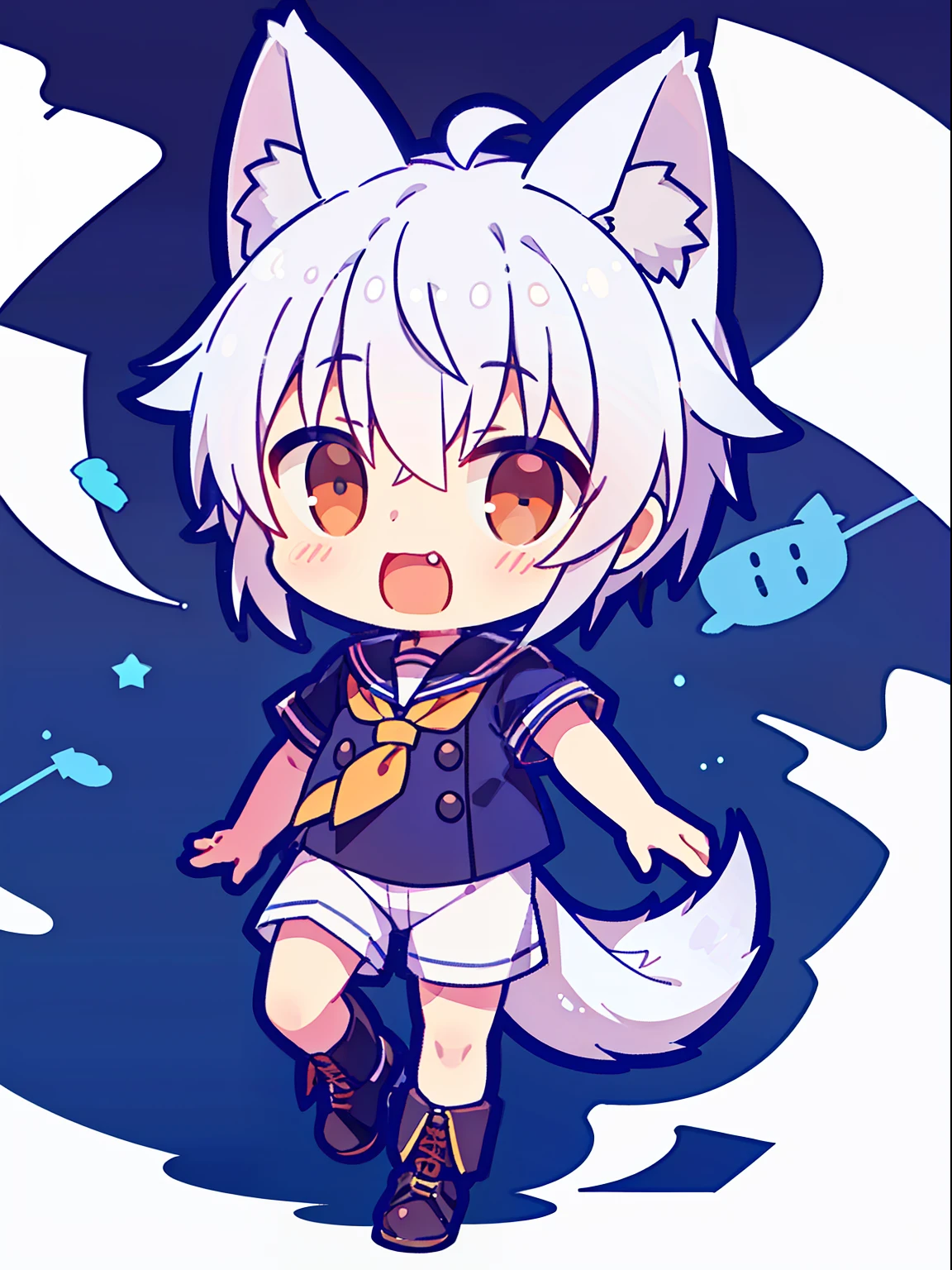 Game CG,((younge boy)),Handsome,Wolf ears,Wolf tail,Navy,(a sailor suit),White uniform shorts,Brown Martin booties,run,agitation,Laugh,Full body like,Wave totem