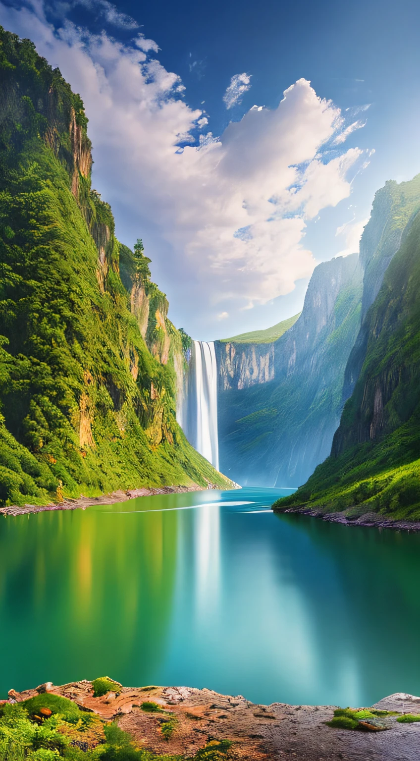 Masterpiece, ultimate quality, Cg unity 8k wallpaper, super delicate, beautiful sky and clouds, rich natural scenery, cliffs, lakes and rivers, waterfalls and flying water, beautiful green mountains, no trace of people, excellent scenery, has already won a photo contest, background Blurring, full depth of field, HDR high dynamics, true restoration, intricate, extreme details, dramatic presentation, perfectly presenting the style of midjourney art.