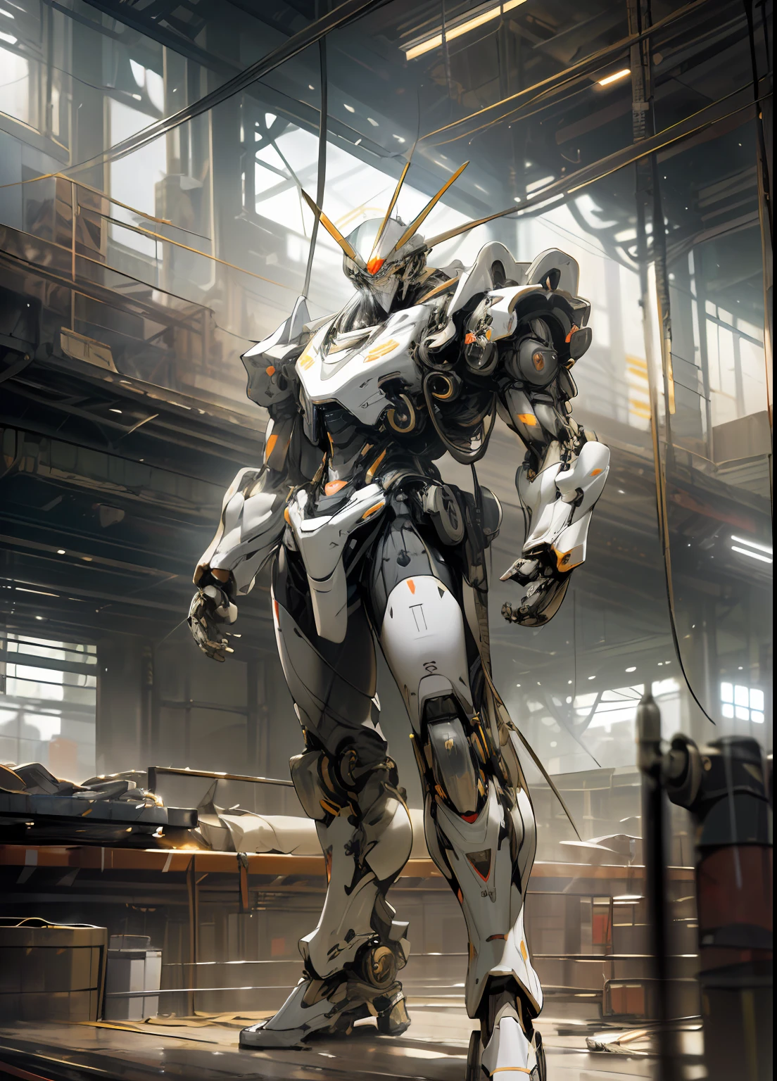 Photorealistic, Hyperrealistic, Hyperdetailed, masterpiece, best quality, 8k, natural lighting, soft lighting, sunlight, ultra wide shot (giant_robot manufactured, cutaway view of mechanical torso, glowing core, wires, mechenical parts, mechanical legs, mechenical arms:1.4) (indoor Tesla Motors factory in background, platforms, trucks, construction indoor, no humans:1.3), HDR (High Dynamic Range), Ray Tracing, NVIDIA RTX, Super-Resolution, Unreal 5, Maximum Clarity And Sharpness, Multi-Layered Textures , Maximum Clarity And Sharpness, Multi-Layered Textures,