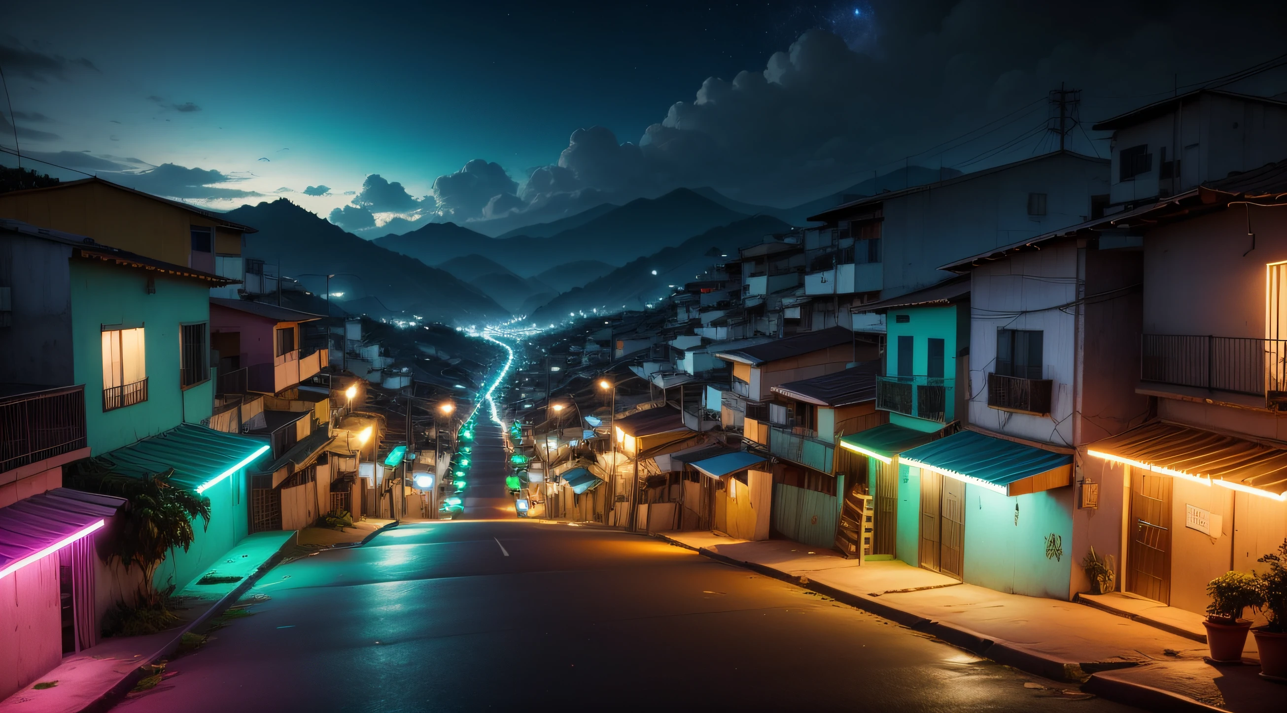 favela, noite, arestas neon, noite, holograma