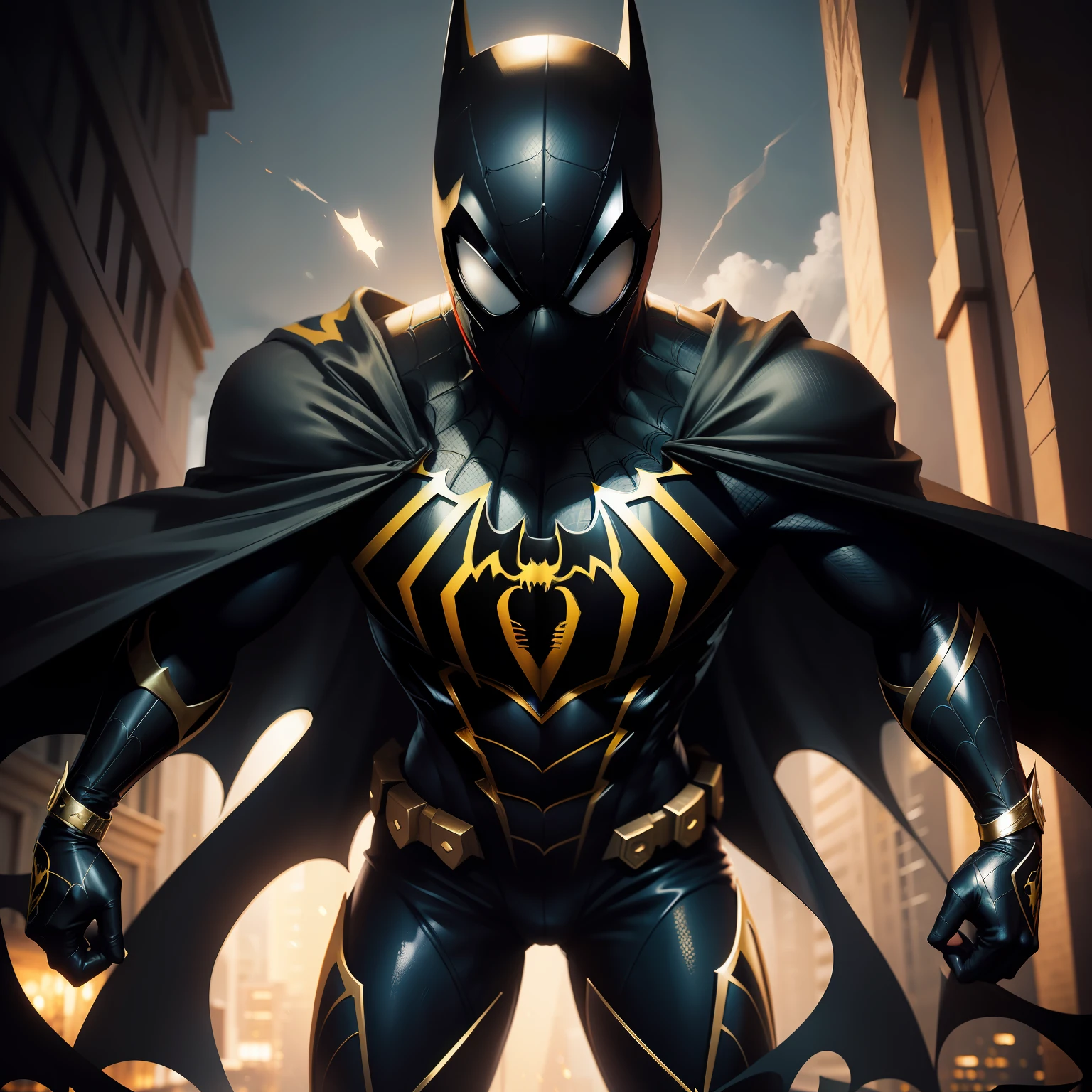spider man suit mixed with Batman features, black and gold, full mask