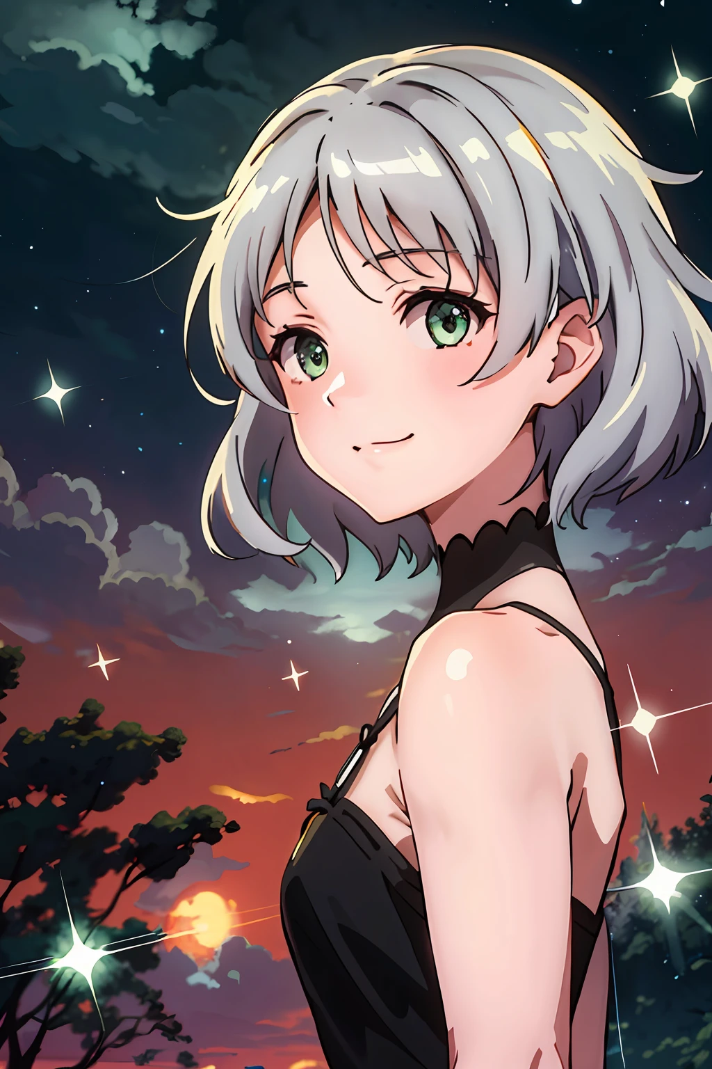 (highres, best quality:1.2), 1girl, radiance, soft contours, beautiful drawing, upper body, concept art, eyelashes, kyoani hyouka style, detailed background, bright colors,
sanya v. litvyak, smile, short fluffy silver hair, green eyes, open shoulders,
((black dress)), lily hairpin in hair, night sky, stars, flickering fireflies