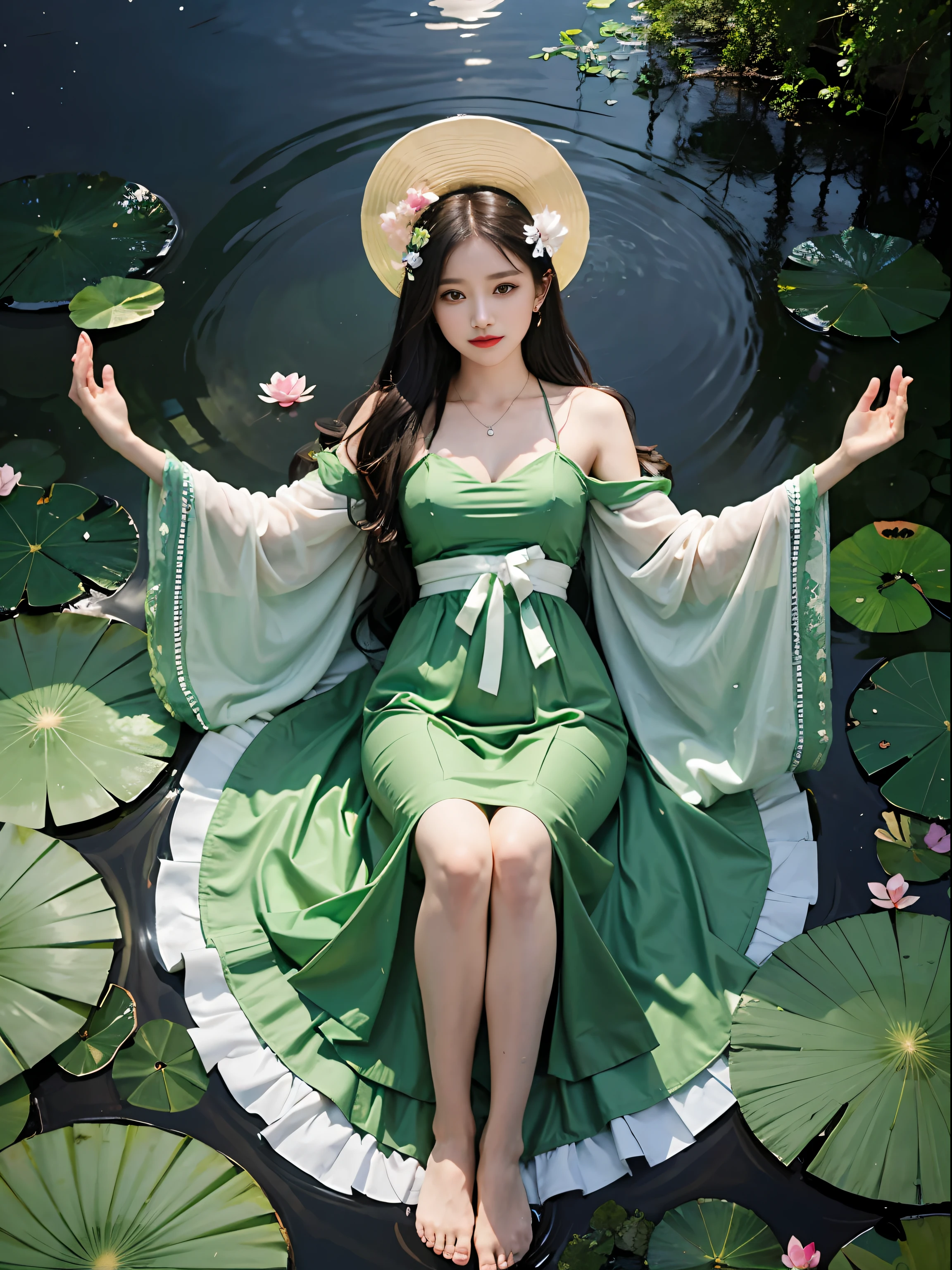 1girl,light smile,(green dress),(lotus pond),(lily pads),(lotus flowers:1.3),(butterfly:1.4), (paper fan), (floating leaves),(wind), (lying), (transparent water:1.1),(moonlight:1.3),(peaceful atmosphere:1.4), (wide shot),(from above),(green theme:1.2), She lying in the center of the lotus pond, smile, smirk, glint, red lips, The girl wearing a beautiful Hanfu, perfectly matched with the surrounding scenery. The beautiful night, the moonlight reflected in the water, creating a calm atmosphere. From above, the viewer can see the lily pads and lotus flowers that surround her, there are mysterious light under water illuminating the fish swimming elegantly around her. Many blue butterflies dancing around the girl, The green theme dominates the scene, with shades of emerald and jade that highlight the natural beauty of the pond. The rippling water and moonlight add to the tranquil mood, making it the perfect spot for relaxation and reflection.