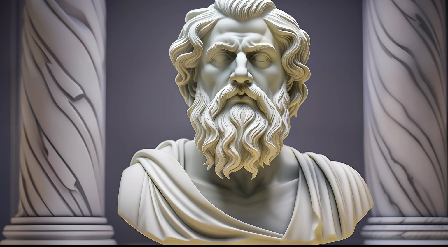 a realistic of bust greek white marble statue of Sócrates philosopher wearing a ghostly toga, neutral background, moody, stoic , photorealistic, cinematic scene, super detailed, hyper realistic, bright lights, 8 k --auto --s2