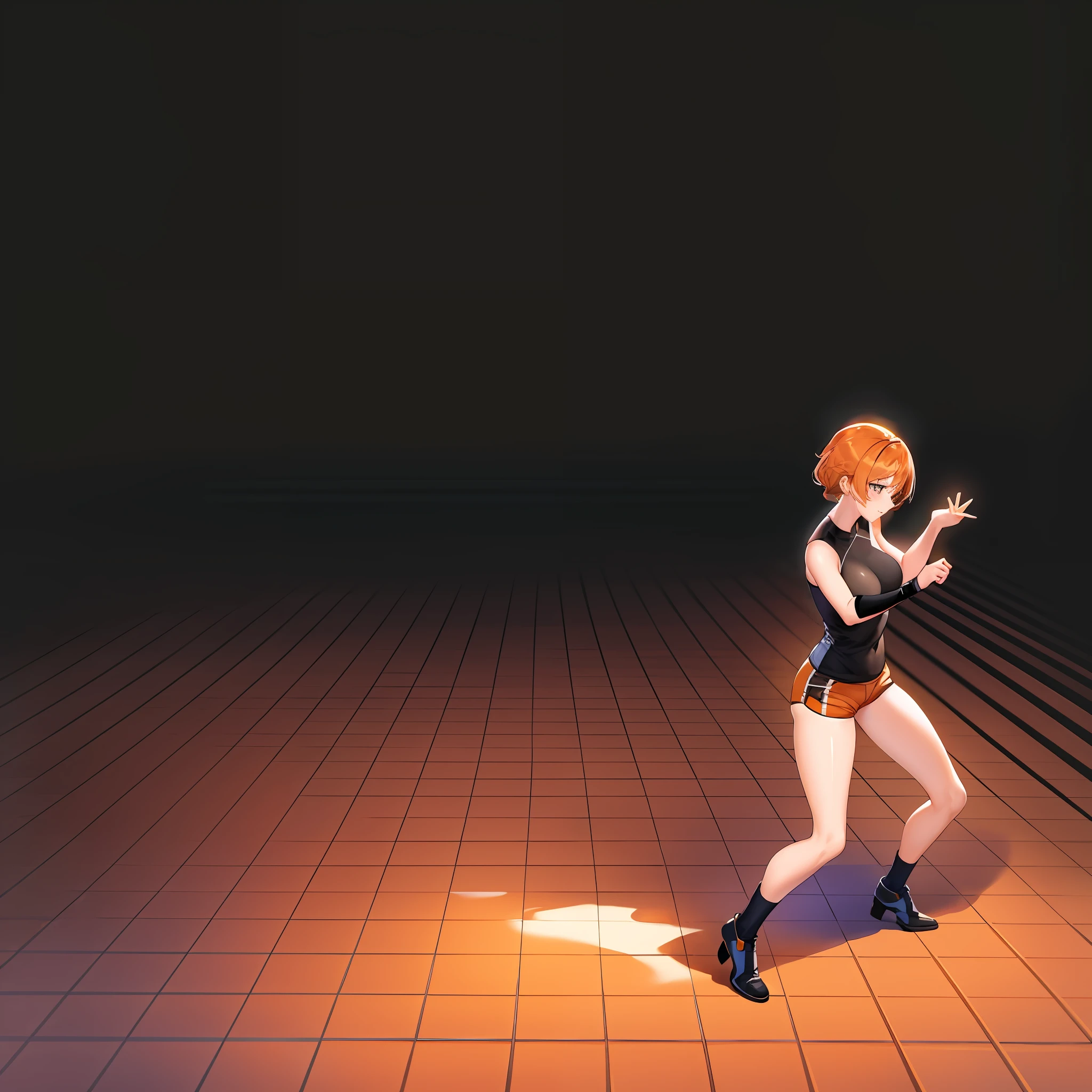 ((Best quality)), ((masterpiece)), ((highly intricate details)), beautiful, high quality, high resolution, absurd, light diffusion, intricate details, intricate details, ((anime)), (anime:1.2) , (perfect face: 1.3), colorful, more detailed, vibrant colors, high contrast, (8K UHD: 1.2), (photorealistic: 1.2), (masterpiece: 1.4), (best quality: 1.4) ), extremely detailed wallpaper, highly detailed illustrations, (super complex detail), unified 4K, (super detailed CG: 1.2), (8K: 1.2), (original), (masterpiece), (best quality), (reality : 1.3), photorealistic, Octane rendering, (surreal: 1.2) ,((masterpiece:1.4, best quality:1.2)),1girl, huge breasts, tiled surface, running pose, anime girl running, MOCAP, pose of dynamic movement, full body with dynamic pose, character animation, character animation, dynamic active running pose, realistic dynamic pose, character pose, Character is standing, animation model, she is dancing. realistic, character is in his natural pose, dark skin, black belly shirt, orange curly hair, ((small orange shorts)), yellow eyes, white high boots, ((night)), simple background, dark black background