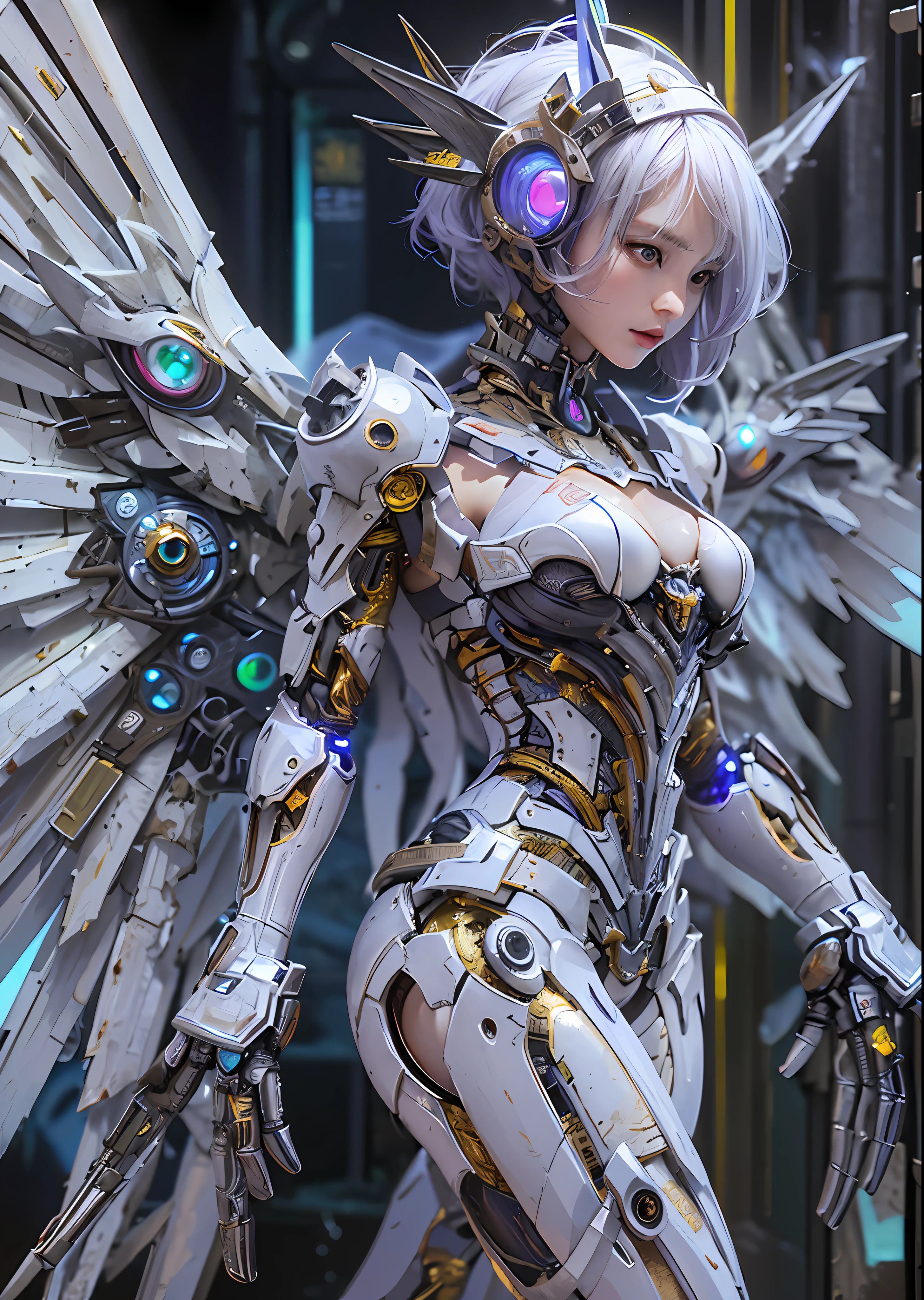 top-quality、masterpiece、超A high resolution、(Photorealsitic:1.4)、Raw photo、Steampunk Battle Cyborg Angel、large wings made of metal、White porcelain body、Acrylic Clear Cover、white hair、glowy skin、1 Cyborg Girl、((super realistic details))、portlate、globalillumination、Shadow、octan render、8K、ultrasharp、character edge light,Colossal tits、Raw skin is exposed in cleavage、Details of complex ornaments、Sumerian details、Hydraulic cylinder、Small LED lamp、highly intricate detail、Realistic light、a purple eye、radiant eyes、Facing the camera、neon details、cowboy shot、Futuristic headgear、About Cyberpunk、、