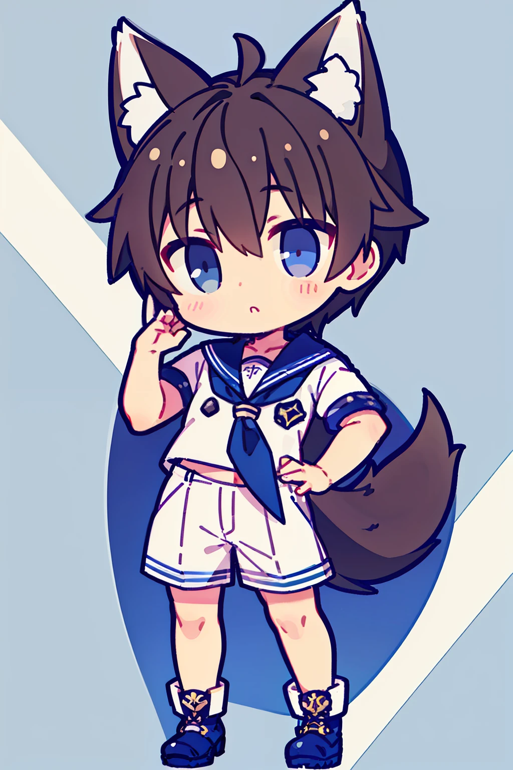Game CG，((younge boy))，Handsome，Wolf ears，Wolf tail，Navy，(a sailor suit)，White uniform shorts，Brown Martin booties，Lively，Full body like，Wave totem
