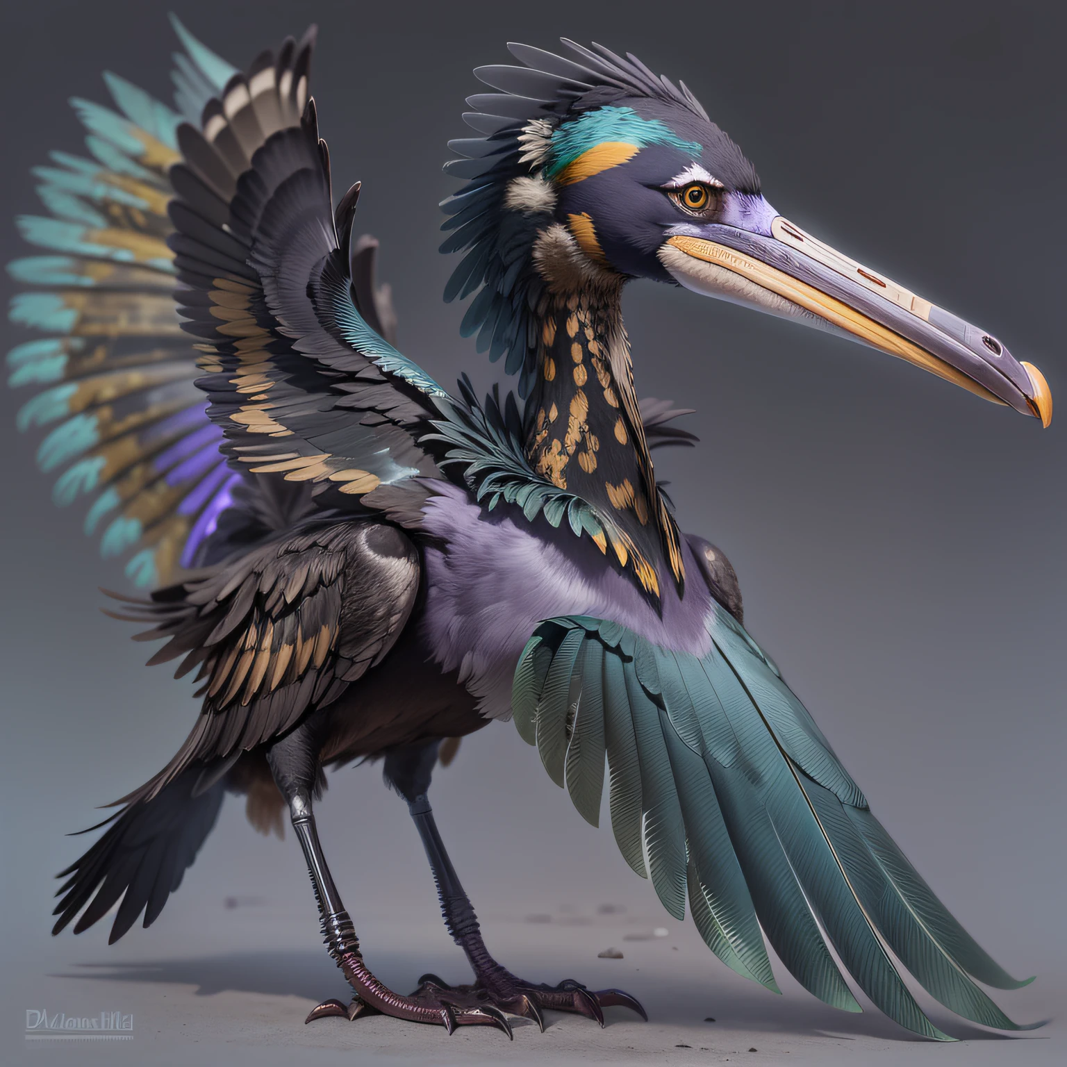 a biomechanical pelican with violet body feathers on the body, it has an all black bill, elongated neck, two sets of dark colored wings with rust dusted all over, 4kHD, hyper detailed, morphing material floating in the air, machine debris, extra detail