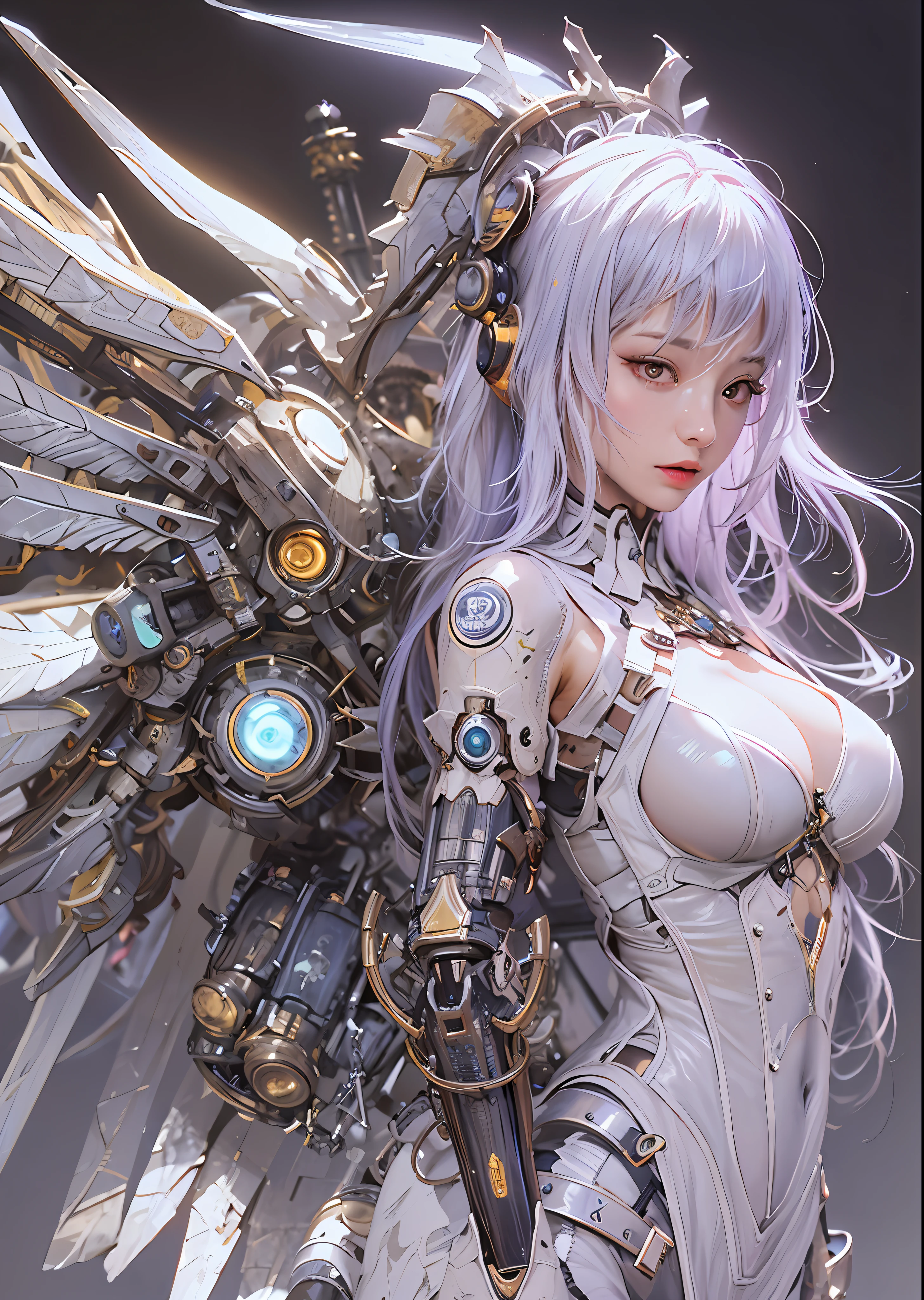 top-quality、masterpiece、超A high resolution、(Photorealsitic:1.4)、Raw photo、Steampunk Battle Cyborg Angel、large wings made of metal、White porcelain body、Acrylic Clear Cover、white hair、glowy skin、1 Cyborg Girl、((super realistic details))、portlate、globalillumination、Shadow、octan render、8K、ultrasharp、character edge light,Colossal tits、Raw skin is exposed in cleavage、Details of complex ornaments、Sumerian details、Hydraulic cylinder、Small LED lamp、highly intricate detail、Realistic light、a purple eye、radiant eyes、Facing the camera、neon details、cowboy shot、Futuristic headgear、About Cyberpunk、、