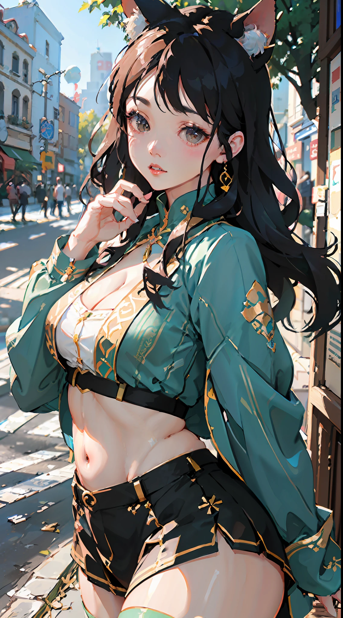 extremely detailed CG unity 8k wallpaper,(masterpiece),(best quality),(ultra detailed),(ultra realistic),(Best character details:1.36),nikon d750 f/1.4 55mm,dynamic angle,professional lighting, photon mapping, radiosity, physically-based rendering, outdoors,busy street,looking at viewer,blush, 1girl,mature female,milf,tall body,golden proportions,(Kpop idol),(shiny skin:1.2),(oil skin:1.1),makeup,[:(high detailed face:1.2):0.2]:,PureErosFace_v1, ((wavy gray hair and a sophisticated sense of style)),(aegyo sal:1),(puffy eyes),(eyelashes:1.1),(parted lips:1.1),red lipstick,wide shoulders,(medium breasts:1.1),(cleavage:1.1),animal ears,(big ass:1.2),thighhighs, silk coat, song, song Dynasty, song clothing