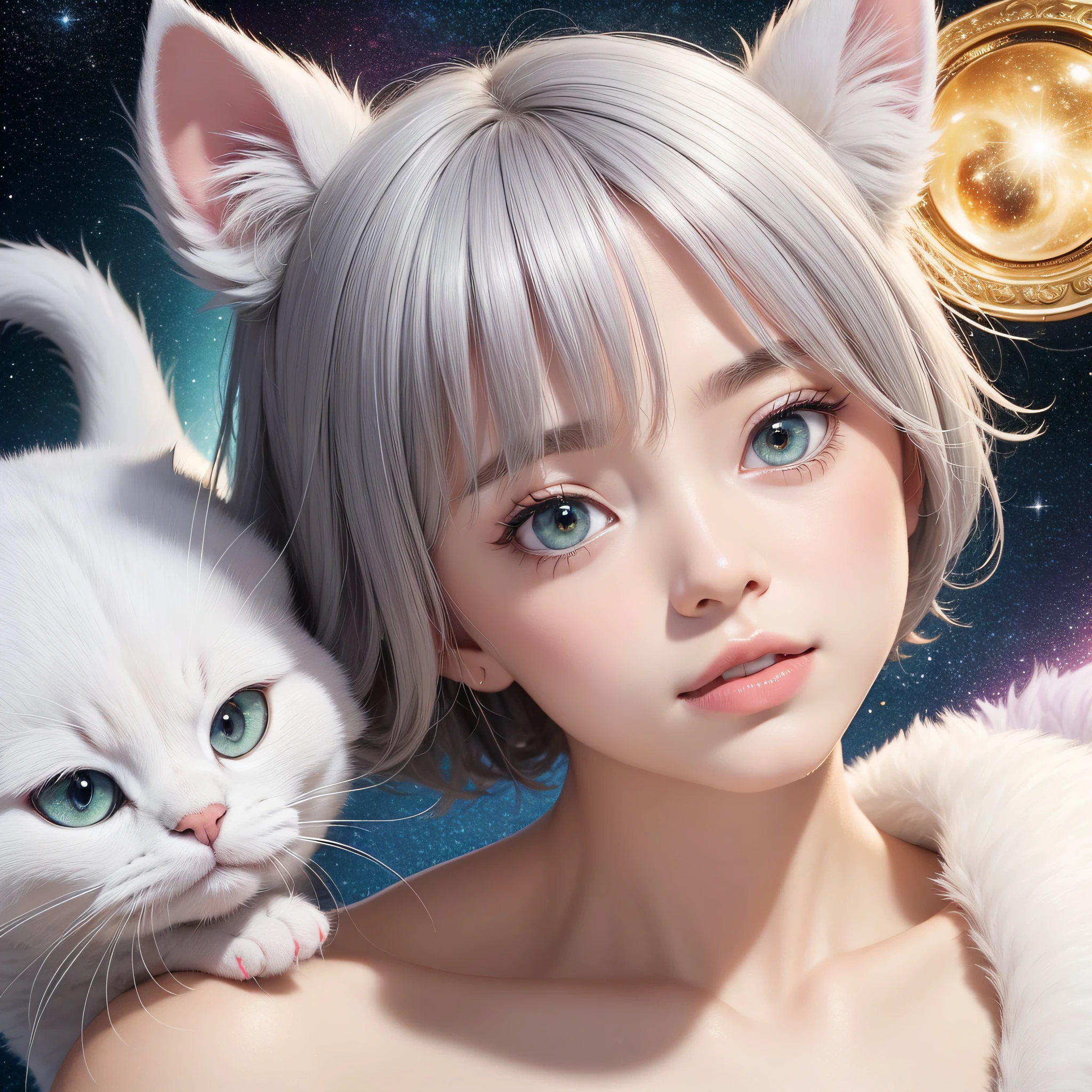 masterpiece、Vivid、colourfull、One woman's face and a laughing cat next to it、((Cute cat in clothes)),Anthropomorphic representation, Rich colors, exquisitedetails, masutepiece,(Best Quality:1.5), (Exquisite CG), (High resolution:1.5)、greeneye、Sapphire green eyes、lipgloss、Eye Gloss、Raise the corners of your mouth and smile、Open your mouth a little、round and large eyes、short silver hair、fluffy hair、the background is the universe