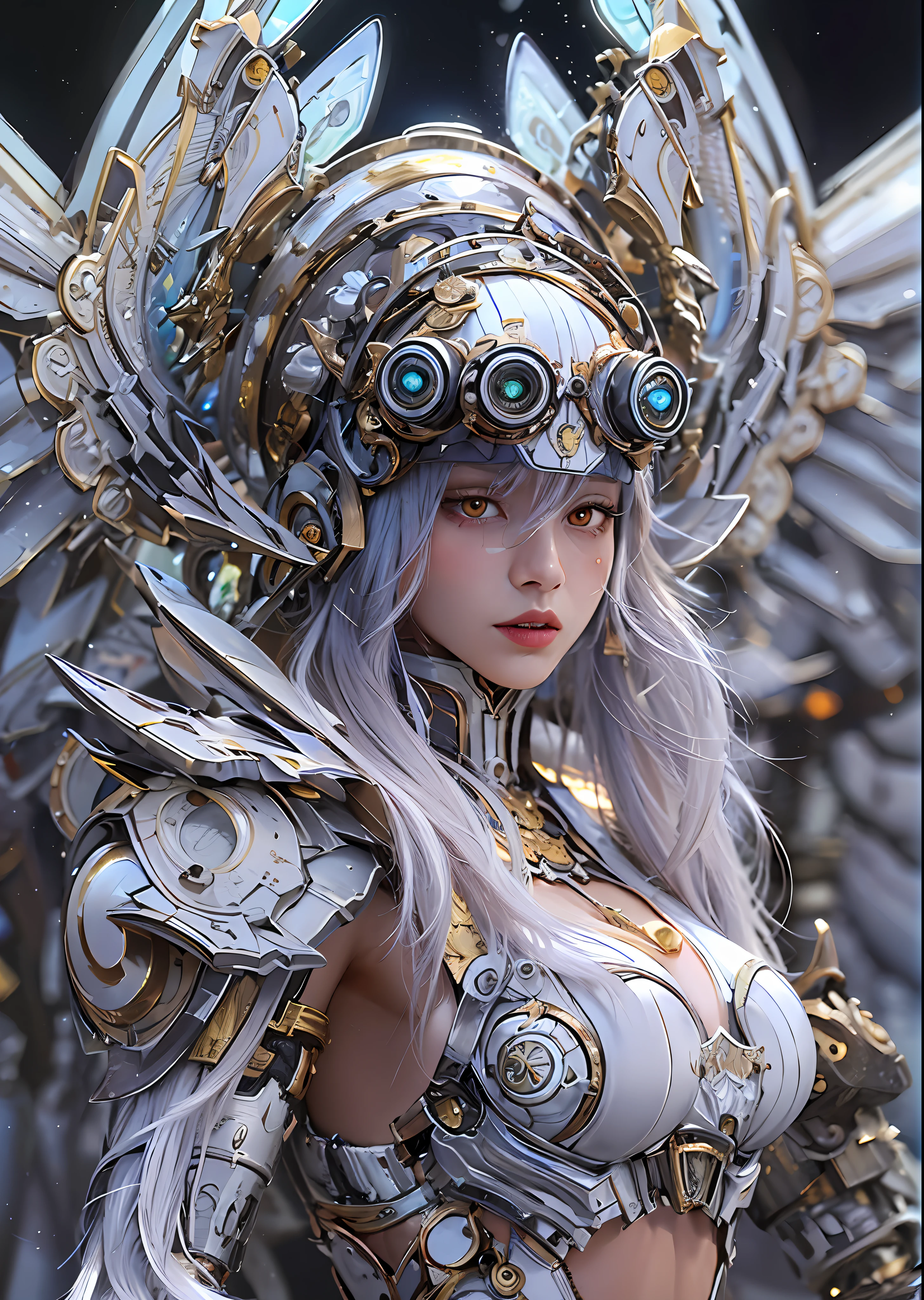 top-quality、​masterpiece、超A high resolution、(Photorealsitic:1.4)、Raw photo、Steampunk Battle Cyborg Angel、large wings made of metal、White porcelain body、Acrylic Clear Cover、white  hair、glowy skin、1 Cyborg Girl、((super realistic details))、portlate、globalillumination、Shadow、octan render、8K、ultrasharp、character edge light,Colossal tits、Raw skin is exposed in cleavage、Details of complex ornaments、Sumerian details、Hydraulic cylinder、Small LED lamp、highly intricate detail、Realistic light、a purple eye、radiant eyes、Facing the camera、neon details、cowboy  shot、Futuristic headgear、About Cyberpunk、、