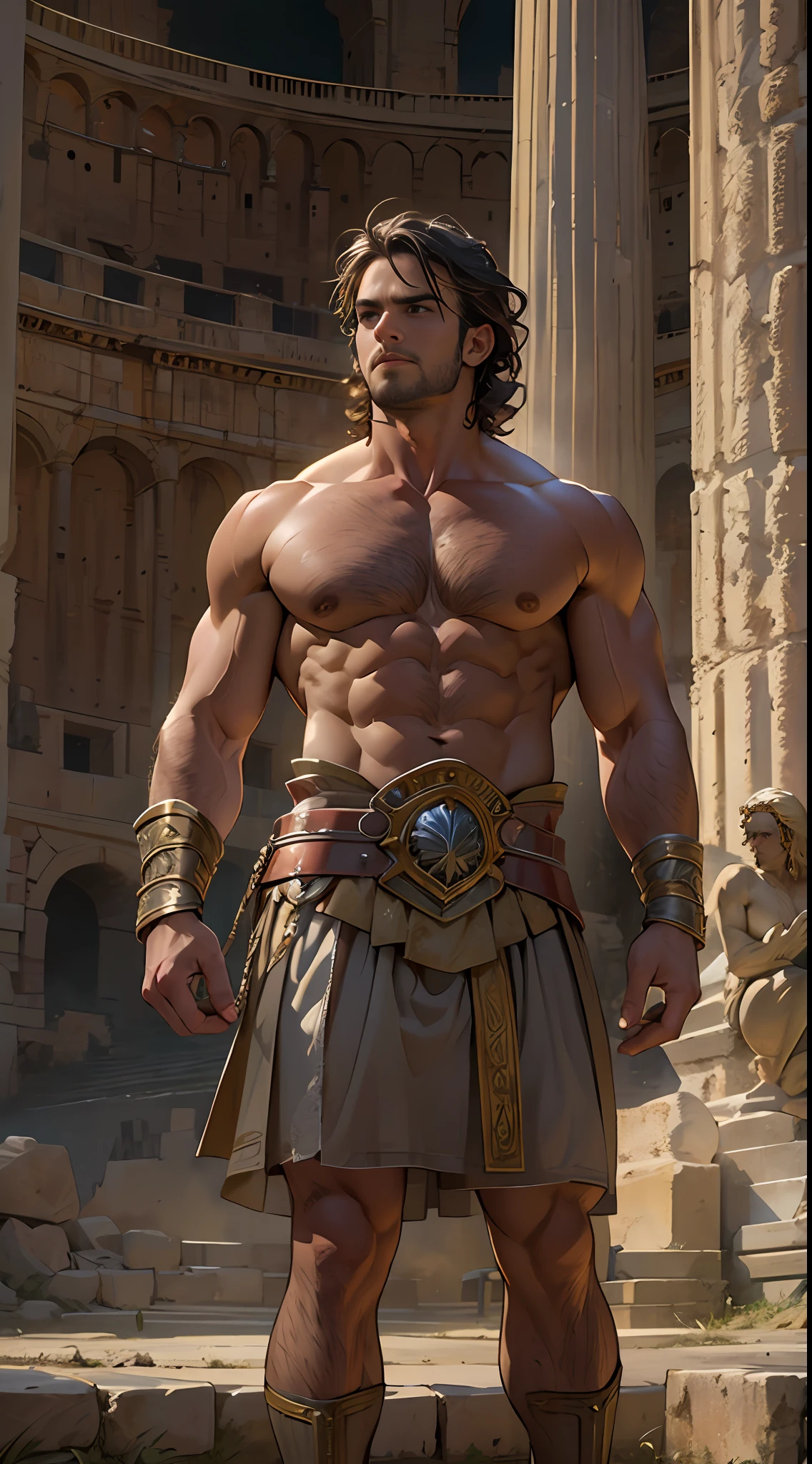Herculean gladiator, bare chest, lower body revealed from thighs to feet, long curls cascading, meticulous muscle definition, photorealistic portrayal, 4K quality. Background: Colosseum in ancient Rome,32k uhd, best quality, masterpiece, super detail, high details