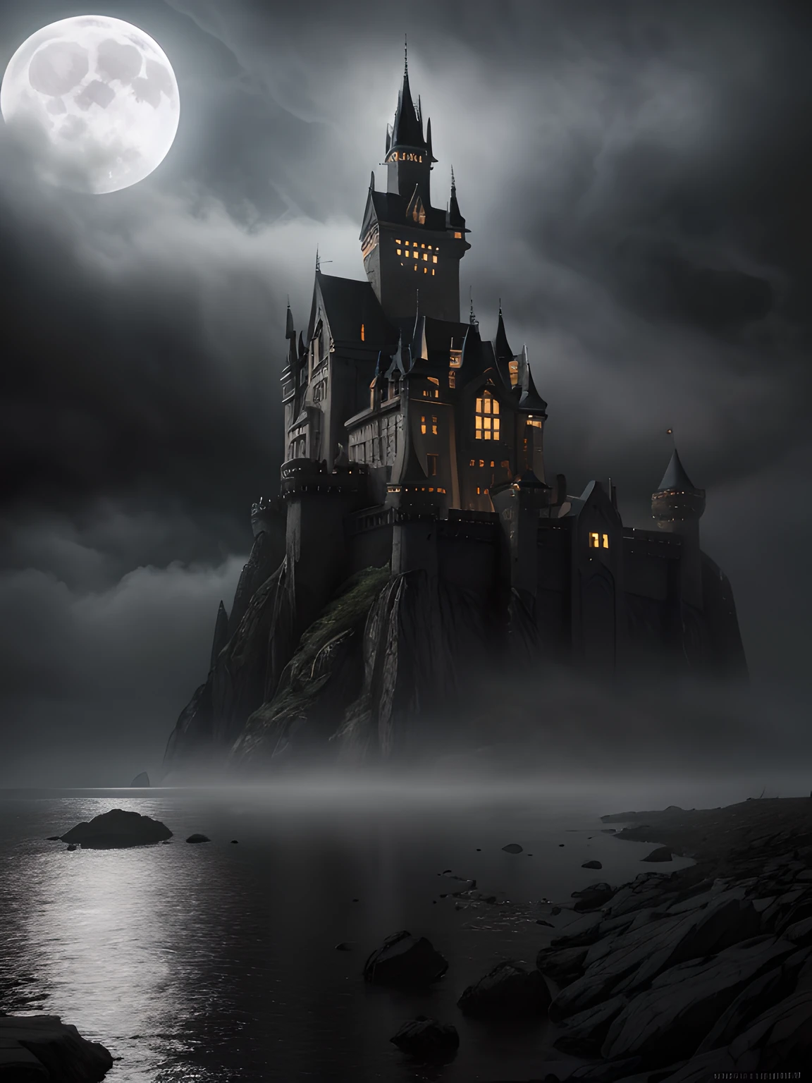 A haunting, (gothic-style:1.2), (moody:1.1) painting of a majestic and ominous dark castle, perched atop a rocky cliff, (shrouded in mist), (lit by the pale moonlight), (dramatic lighting), (intricate details), (emphasizing the castle's architecture:1.3), (trending on ArtStation), (cinematic quality), (painterly textures), (mysterious atmosphere), (sinister shadows), (magnificent structure), (attention to the castle's history:1.2), (trending on CGSociety), (with a hint of supernatural elements), (artwork by Antonio Moro and Greg Manchess), (trending on Behance), (National Geographic quality), (sharp focus), (capturing the castle's grandeur:1.1), (hyperrealistic rendering), (detailed stone carvings), (unreal engine render:1.2), (stylized details:1.1), (dark and stormy weather), (attention to the castle's surroundings:1.1).