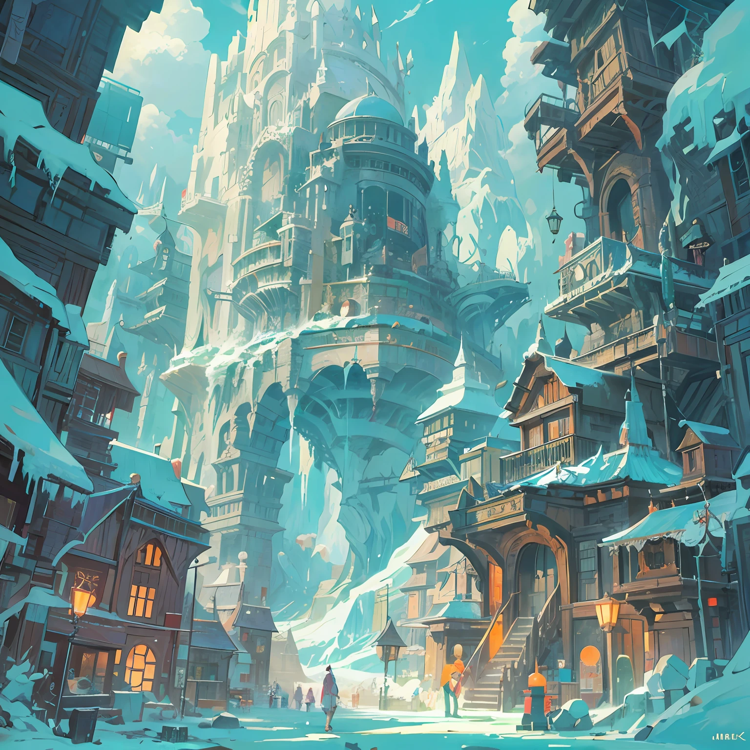 Temporal Library,A huge treasure trove of knowledge,Changing corridors,Ancient texts、Scrolls and magic books,Frost-covered bracket,Intricate ice formations,Ghibli Mobius style,Ice City before 2080,Möbius aesthetics,Morbius combined with Louise,Len Mack inspiration,Studio Ghibli performance,moebius artwork,studio ghibli smooth concept art,james gilleard artwork。 --auto