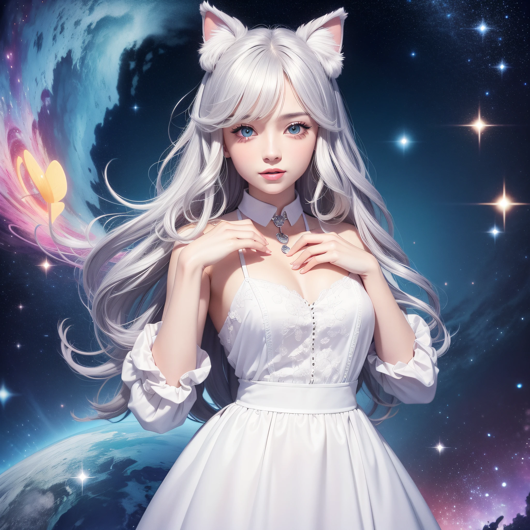 masterpiece、Bright、colourfull、((Cute cat in clothes)),Anthropomorphic representation, Rich colors, exquisitedetails, masutepiece,(Best Quality:1.5), (Exquisite CG), (High resolution:1.5)、greeneye、Sapphire green eyes、lipgloss、Eye Gloss、Smile with the corners of your mouth raised、Open your mouth a little、round and large eyes、short silver hair、fluffy hair、the background is the universe