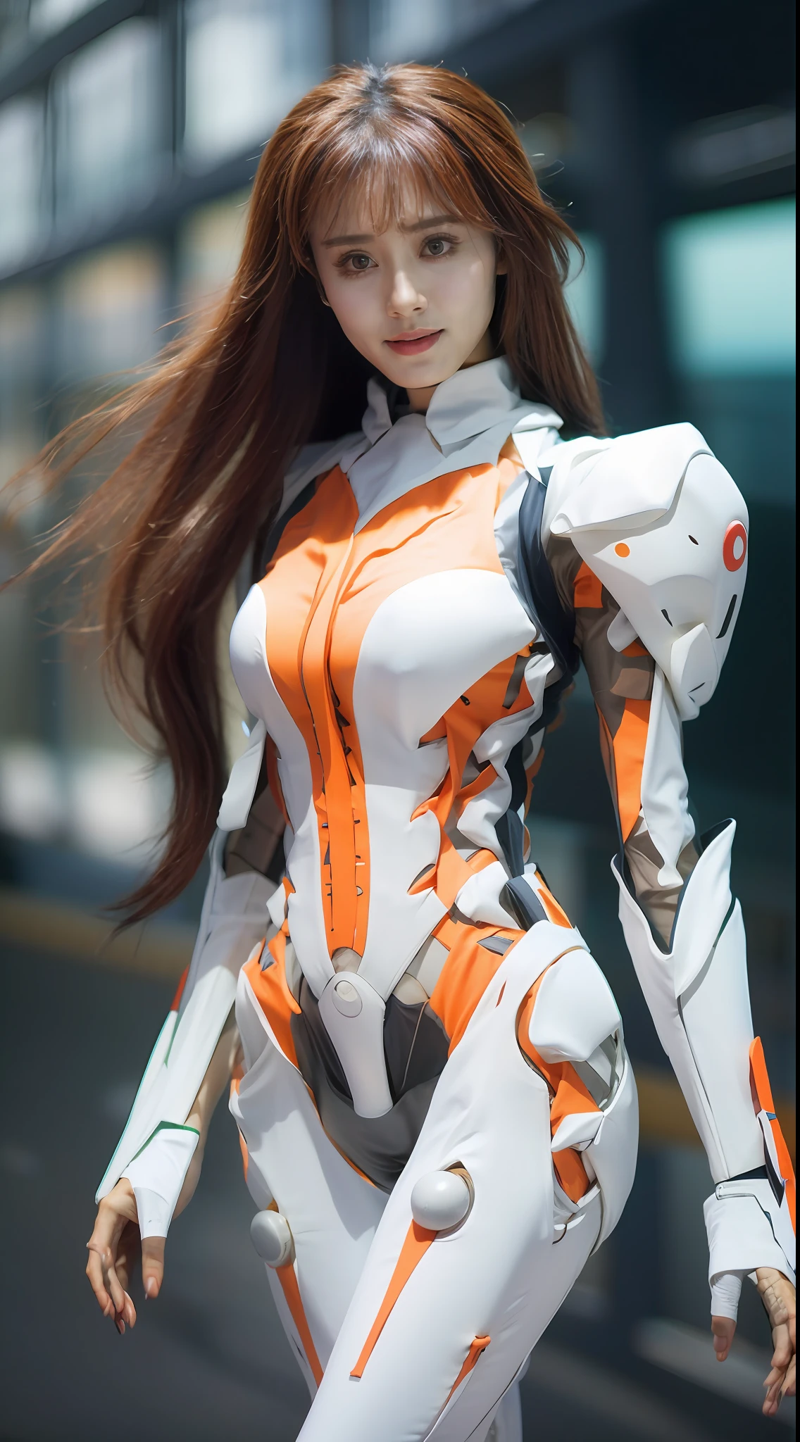 A beautiful Chinese actress, wearing a EVA 02-style White and orange latex coat,Role playing Souryuu Asuka Lanley,full-body cosplay,Delicate Face, Stunningly Beautiful, Combat Pose,High Detail Skin, Realistic Skin Detail, Visible Pore,The photograph is taken with a Nikon D850 and a Nikon AF-S NIKKOR 70-200mm f/2.8E FL ED VR lens, using settings of f/8.0 aperture, 1/200 sec shutter speed, and ISO 400, DSLR Camera, High Quality, Fair Skin, Photorealism