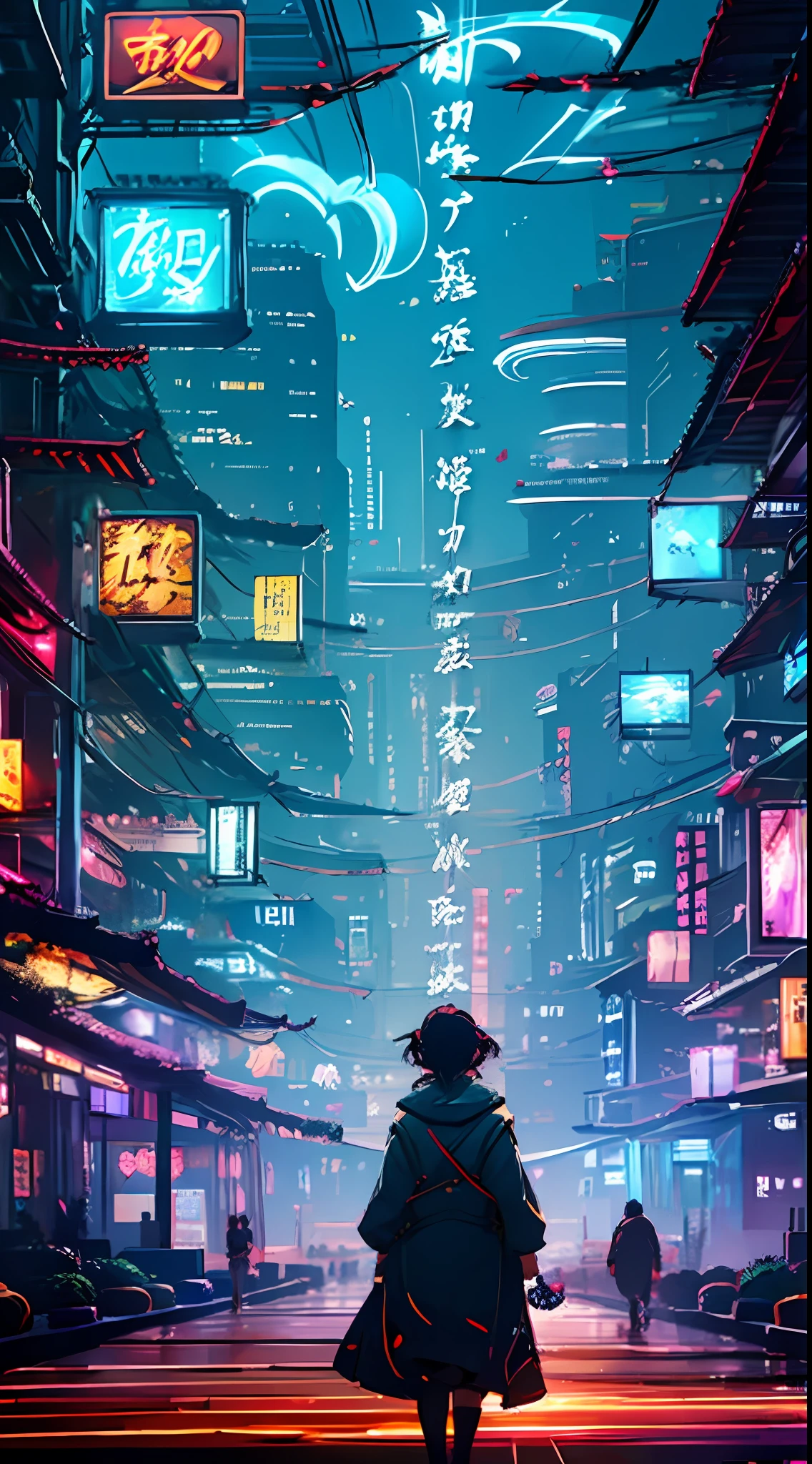 top-quality、masterpiece、A ray of hope in a dystopia、A girl wanders into a dark Chinese skyscraper、One littl's back in the back center of the screen、Very complex cityscape、A devastated world、Pulling composition、industrial、High-definition depiction、A city lined with electric wires、Magic Hour、Make a story with 4 sheets、More Neon Signs、Maximum amount of light