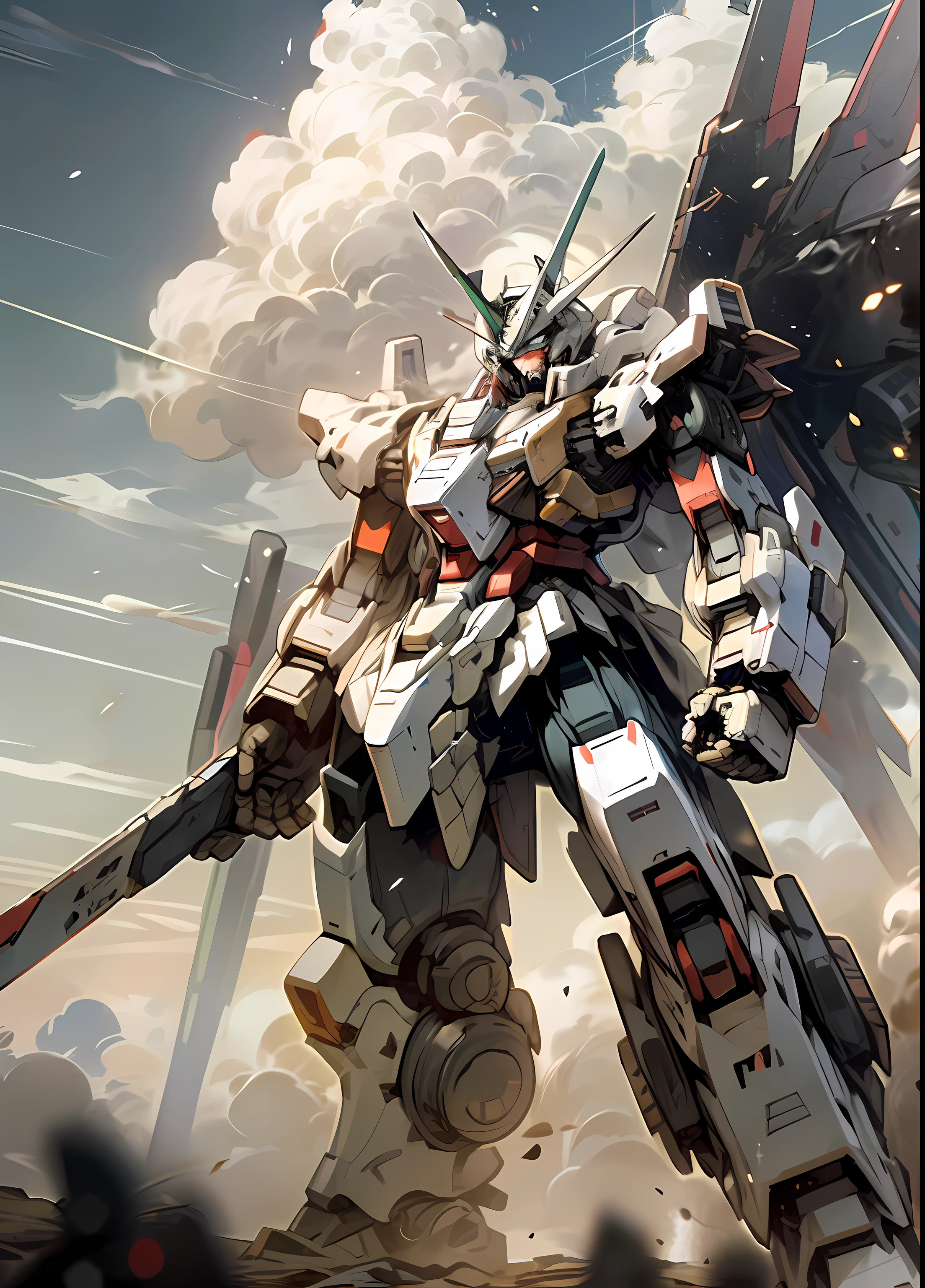 Skysky，​​clouds，Hold a weapon，No_Humanity，with light glowing，，droid，buliding，Glowing_Eyes，Mecha，scientific fiction，城市，Realistis，Mecha，High-burning battle scenes，gundam style，An epic masterpiece，realisticlying，in a panoramic view