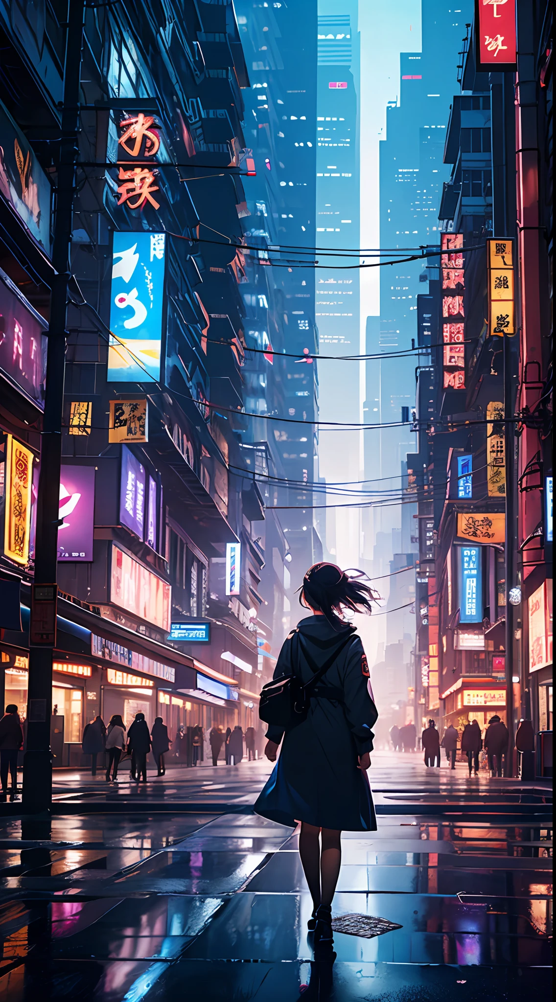 16k image、top-quality、masterpiece、A ray of hope in a dystopia、A young girl wanders into a dark Chinese skyscraper、One little girl's back in the back center of the screen、Very complex cityscape、A devastated world、Pulling composition、industrial、High-definition depiction、A city lined with electric wires、Magic Hour、Clear even the smallest lines、Make a story with 4 sheets、A futuristic world、Walking through obscene crowds