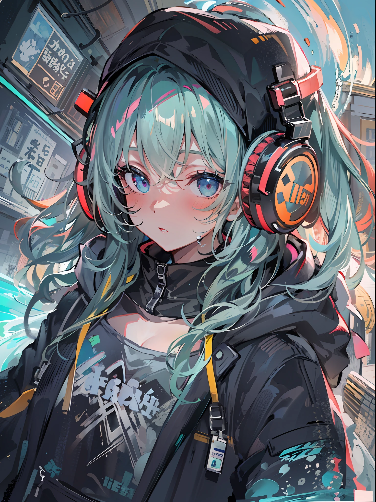 8K分辨率、((top-quality))、((masterpiece))、((ultra-detailliert))、1 woman、独奏、incredibly absurdness、Oversized hoodies、headphones、Street、plein air、Sateen、neons、Shortcut Hair、Brightly colored eyes、Hands in pockets、shortpants、water dripping