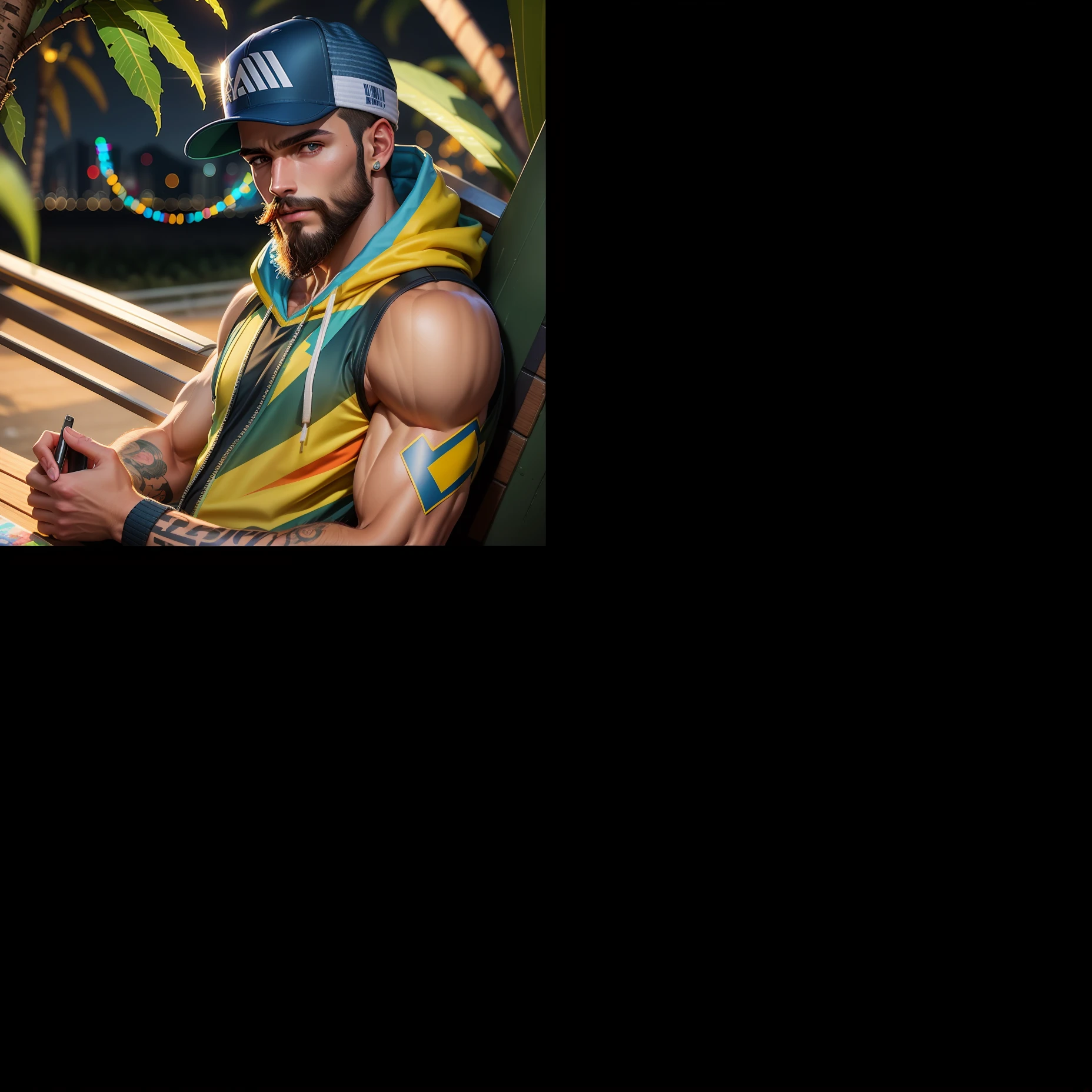 paisagem, neon, 1boy, melhor qualidade, macho maduro, macho musculoso, (bala chunky: 1.5), bala daddy, thick arms, pernas grossas, sweatpants, corpo inteiro, gordura, foto realista, obra-prima, nu parte superior do corpo, macho, shorts, cabelo curto, forte, (peitoral maior: 0.7), cara duro, raiz gigante, (camisa preta superior do corpo: 1.2), sorriso, olhar para frente, obra-prima, melhor qualidade, 8k, foto original, noite, rua, (constructions,  hong kong, cerco de Kowloon, Umidade: 1.2), asian shopping district, (Foco claro, Lente larga, Fundo escuro: 1.8), Chuva, Nevoeiro, (Perspectiva, Profundidade de campo, Branqueamento bypass: 1.4), Realista, alta resolução, Ultra detalhe, film lighting, grain of film, chromatic aberration