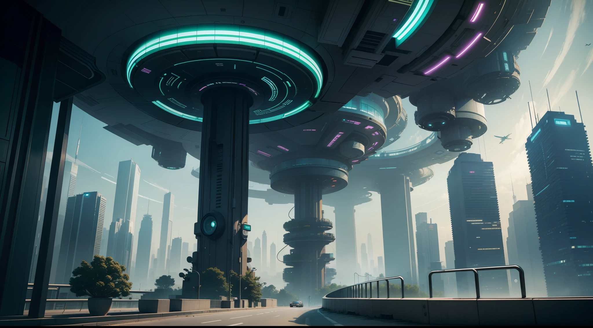Cyberpunk futuristic city garden,Cyberpunk Park,200 floors of futuristic floor apartments,space elevator,Complex architecture,Different buildings,A circling car is driving on the road