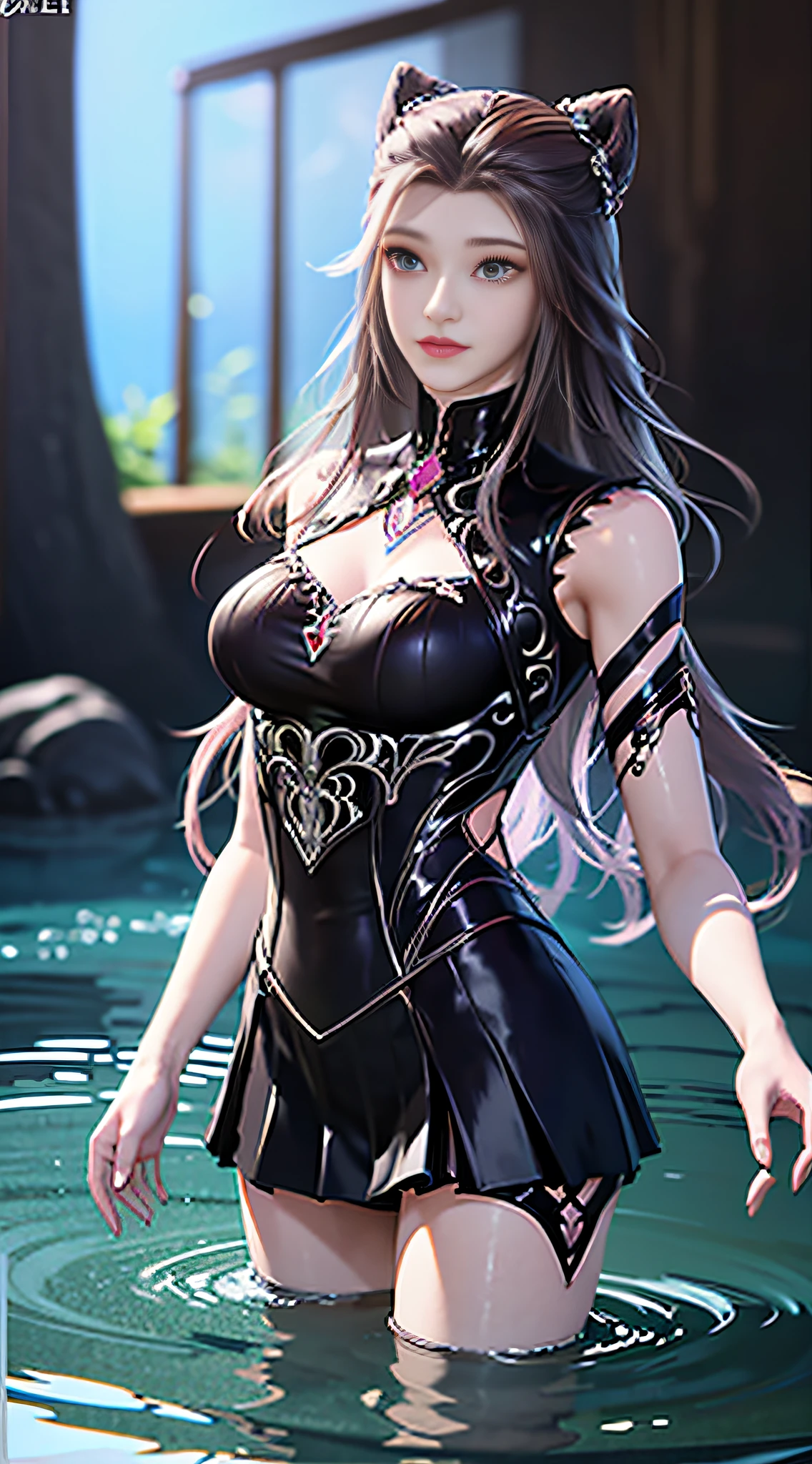 ((Dark light,top-quality,8K,tmasterpiece:1.3)),(In China,Casual theme,exteriors:1.5),stood in the water,(Beauty with slender abs:1.4),((Layered Hair Style)),((White color blouse:1.6)),((Short white lace skirt:1.3)),mediating, Highly Detailed Face and Skin Textur, Whitens the skin,water elemental,ice element,Perfect body proportion,Epic composition,