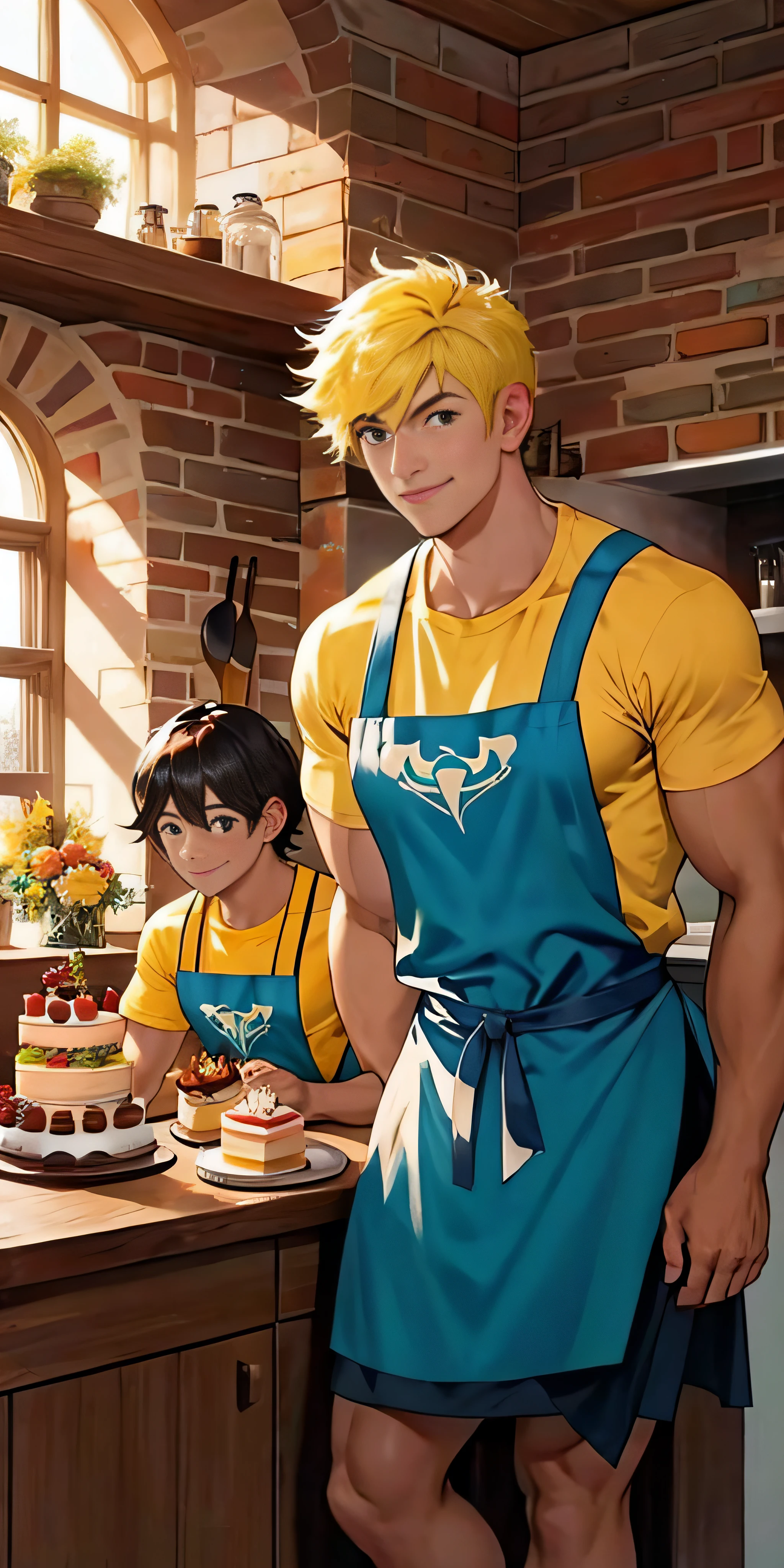 2 Muscle man，Sit together，looking to the camera，kitchens，rays of sunshine，Make cakes together，aprons，