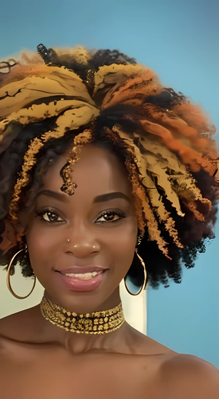Menina afro-africana: 2.3, afro-queniano: 2.4 (cor marrom escura: 3.0), cabelo cacheados, vestido longo colorido, olhos grandes castanhos claros Cintilantes, Bow in the hair