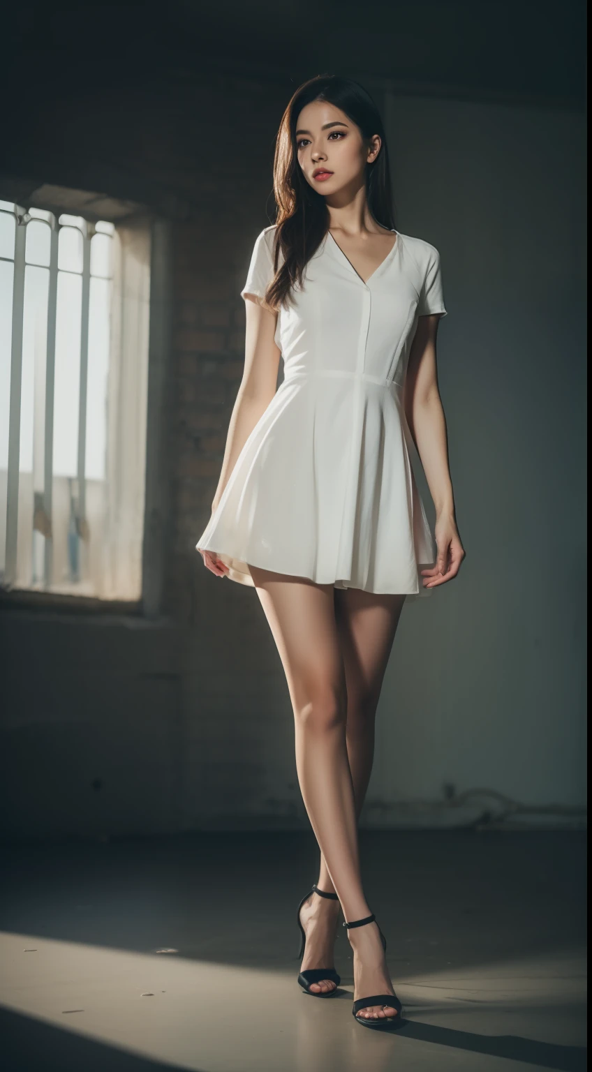mix4, 20d, solo, long_hair, shirt, dress, high_heels, full_body, look_at_viewer, (8k, RAW photo, best quality, mastery:1.2), (realistic, photo-realistic:1.37), professional lighting, photon mapping,