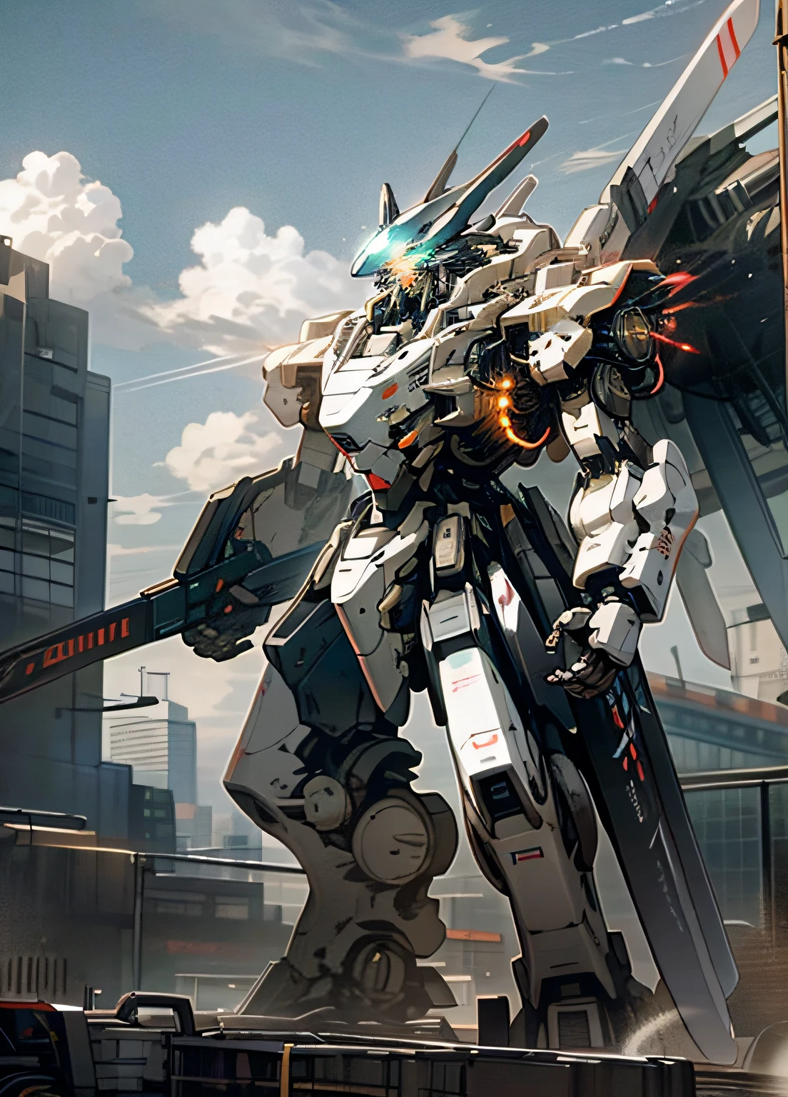 sky, cloud, holding_weapon, no_humans, glowing, , robot, building, glowing_eyes, mecha, science_fiction, city, realistic,mecha