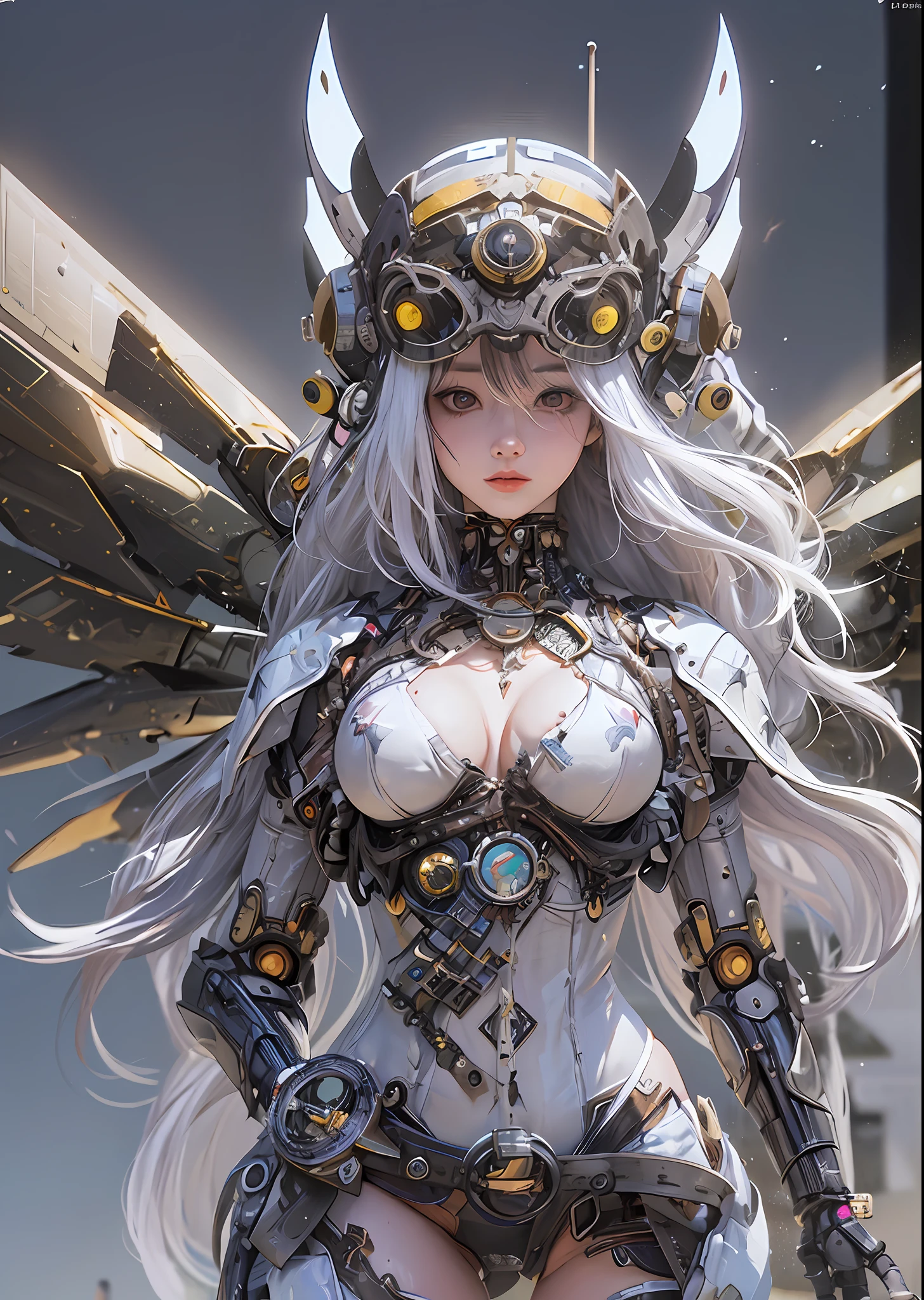 top-quality、masterpiece、超A high resolution、(Photorealsitic:1.4)、Raw photo、Steampunk Battle Cyborg Angel、large wings made of metal、White porcelain body、Acrylic Clear Cover、white hair、glowy skin、1 Cyborg Girl、((super realistic details))、portlate、globalillumination、Shadow、octan render、8K、ultrasharp、character edge light,Colossal tits、Raw skin is exposed in cleavage、Details of complex ornaments、Sumerian details、Hydraulic cylinder、Small LED lamp、highly intricate detail、Realistic light、a purple eye、radiant eyes、Facing the camera、neon details、cowboy shot、Futuristic headgear、About Cyberpunk、、