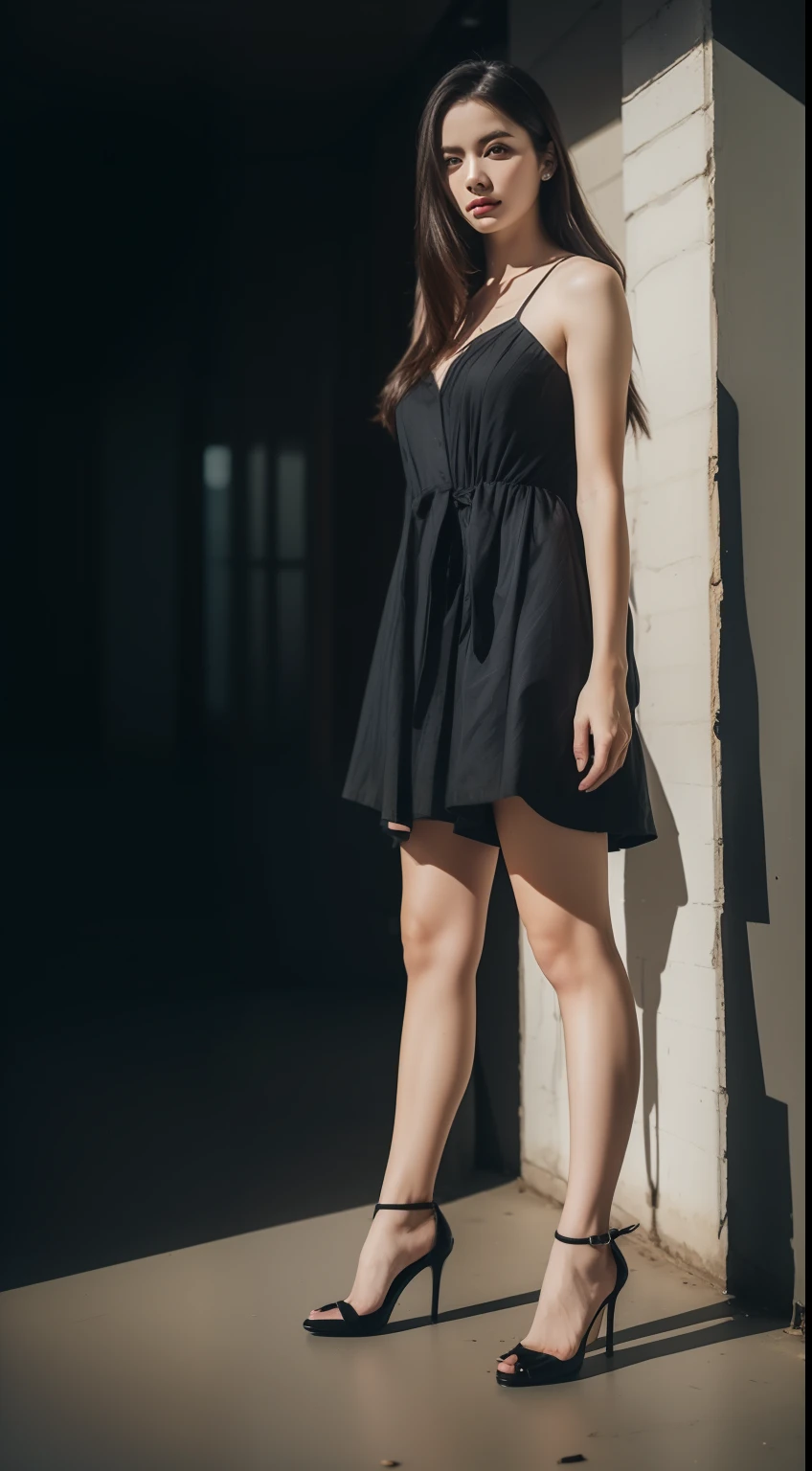 mix4, 20d, solo, long_hair, shirt, dress, high_heels, full_body, look_at_viewer, (8k, RAW photo, best quality, mastery:1.2), (realistic, photo-realistic:1.37), professional lighting, photon mapping,