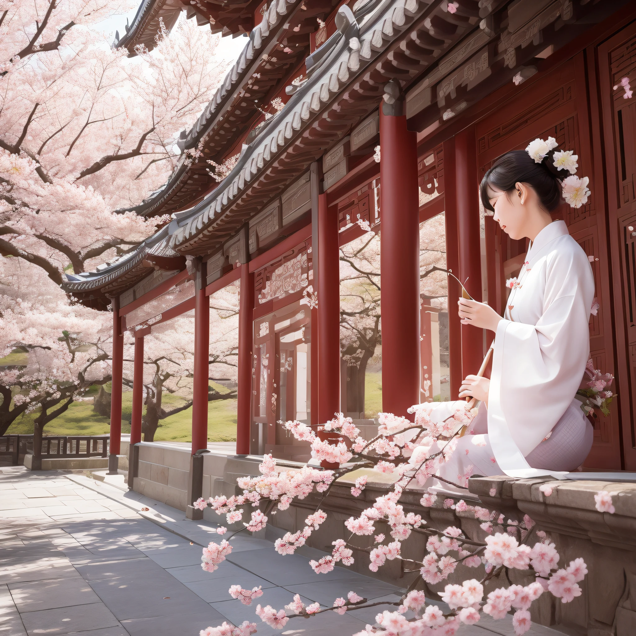 Cherry blossom petals flutter in the wind next to the ancient tower, and inside the terrace, A woman in Chinese clothing strokes a pipa (take up close)