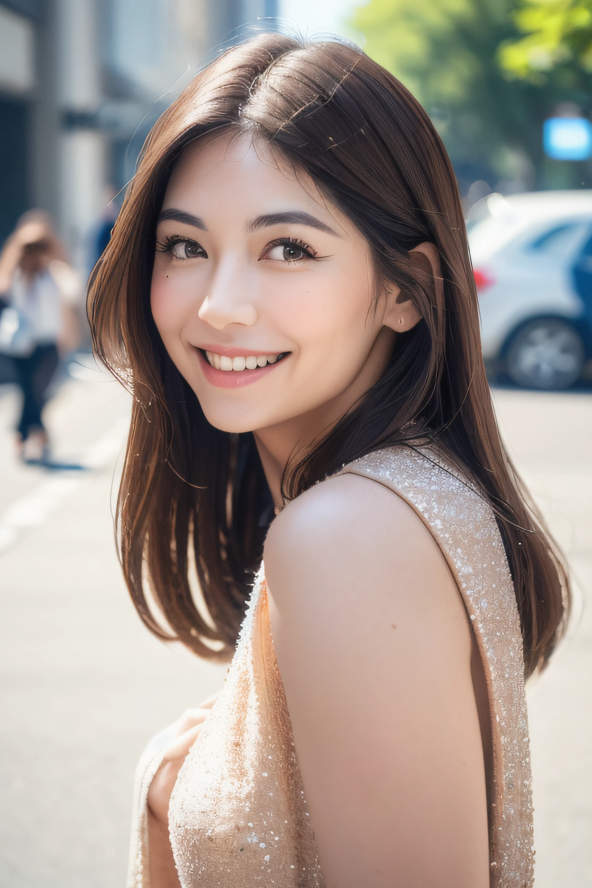 ((Best quality, 8k, Masterpiece :1.3)), 1girl, smiling, full body, slim face, Pretty woman, (Dark brown hair), full length dress :1.1, Ultra-detailed face, Detailed eyes, Double eyelid,  blur background, slim face, city, outside, street,ultra high res, (photorealistic:1.4), raw photo,16K,dramatic lighting,