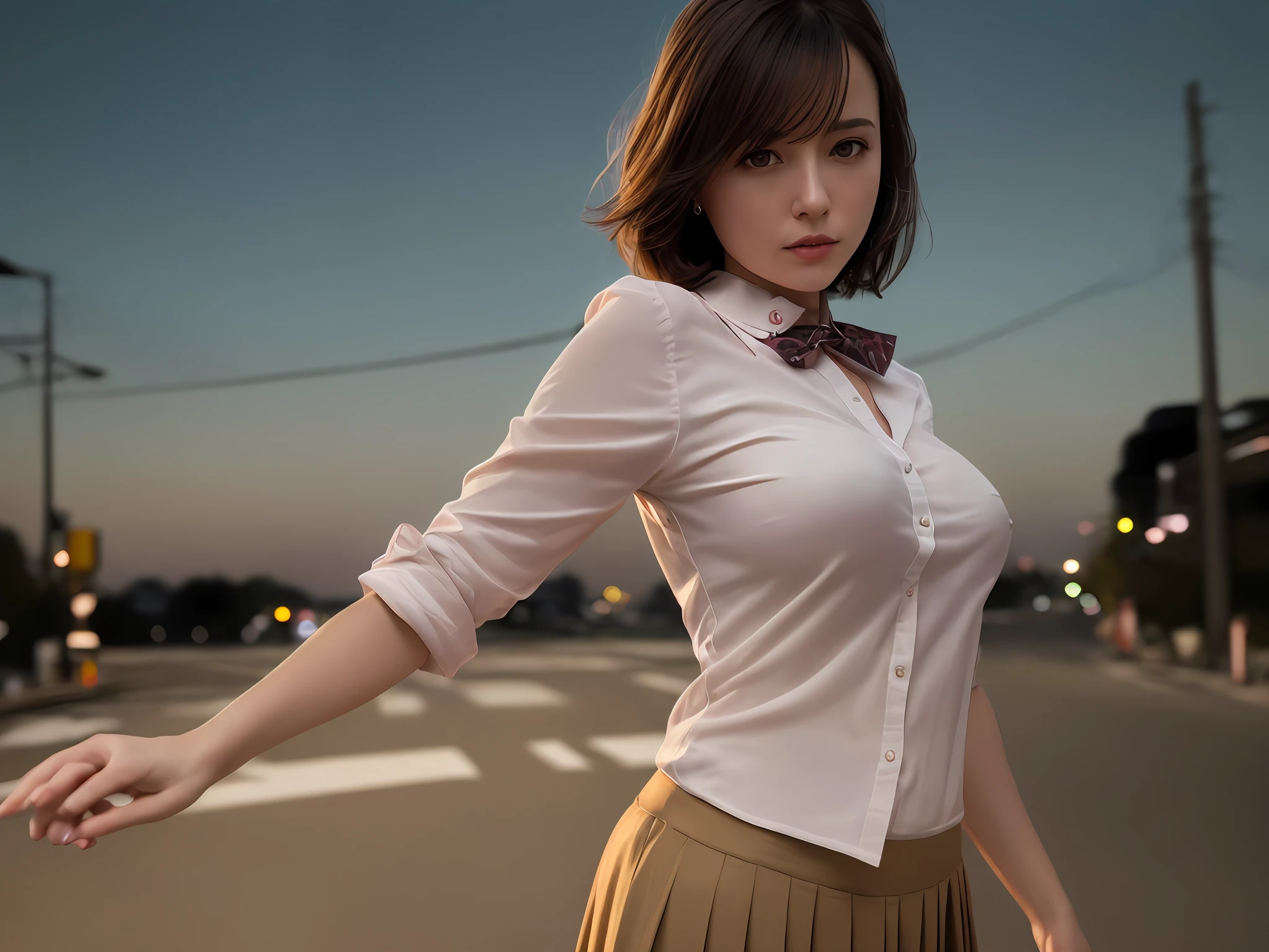 (8k, RAW photo, best quality, masterpiece:1.2), (realistic, photo-realistic:1.37), ultra-detailed, 1 girl,cute, solo,beautiful detailed sky,detailed tokyo street,night, medium breasts,beautiful detailed eyes,(collared shirt:1.1), bowtie,pleated skirt,(short hair:1.2),floating hair,short hai,