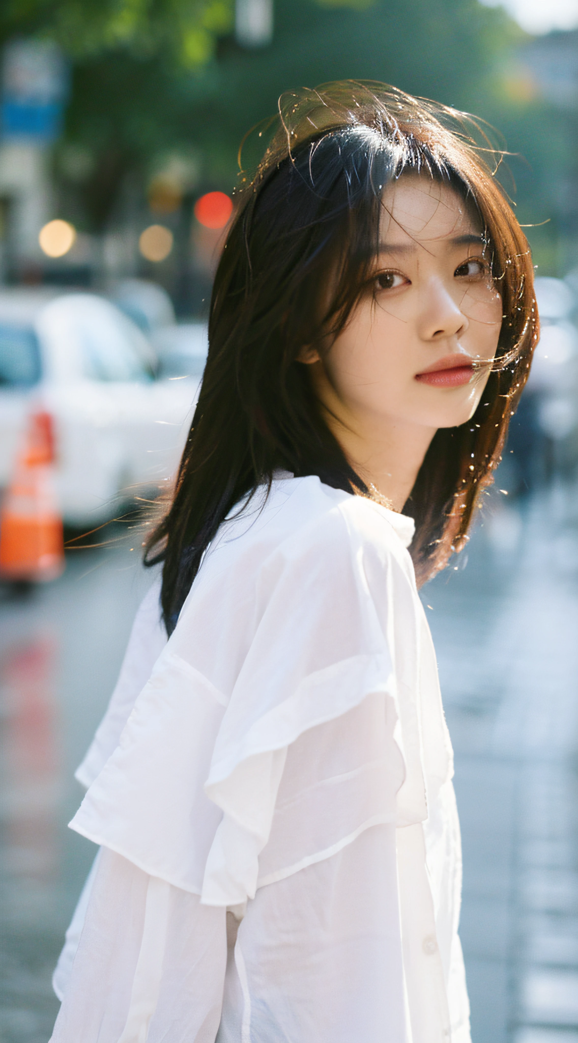 ((Best Quality, 8K, Masterpiece: 1.3)), Sharp: 1.2, Perfect Body Beauty: 1.4, Slim Abs: 1.2, ((Layered Hairstyle, Breasts: 1.2)), (Wet White Button Long Shirt: 1.1), Wind, (Rain, Street: 1.2), Wet: 1.5, Highly Detailed Face and Skin Texture, Fine Eyes, Double Eyelids, Looking Back at the Camera