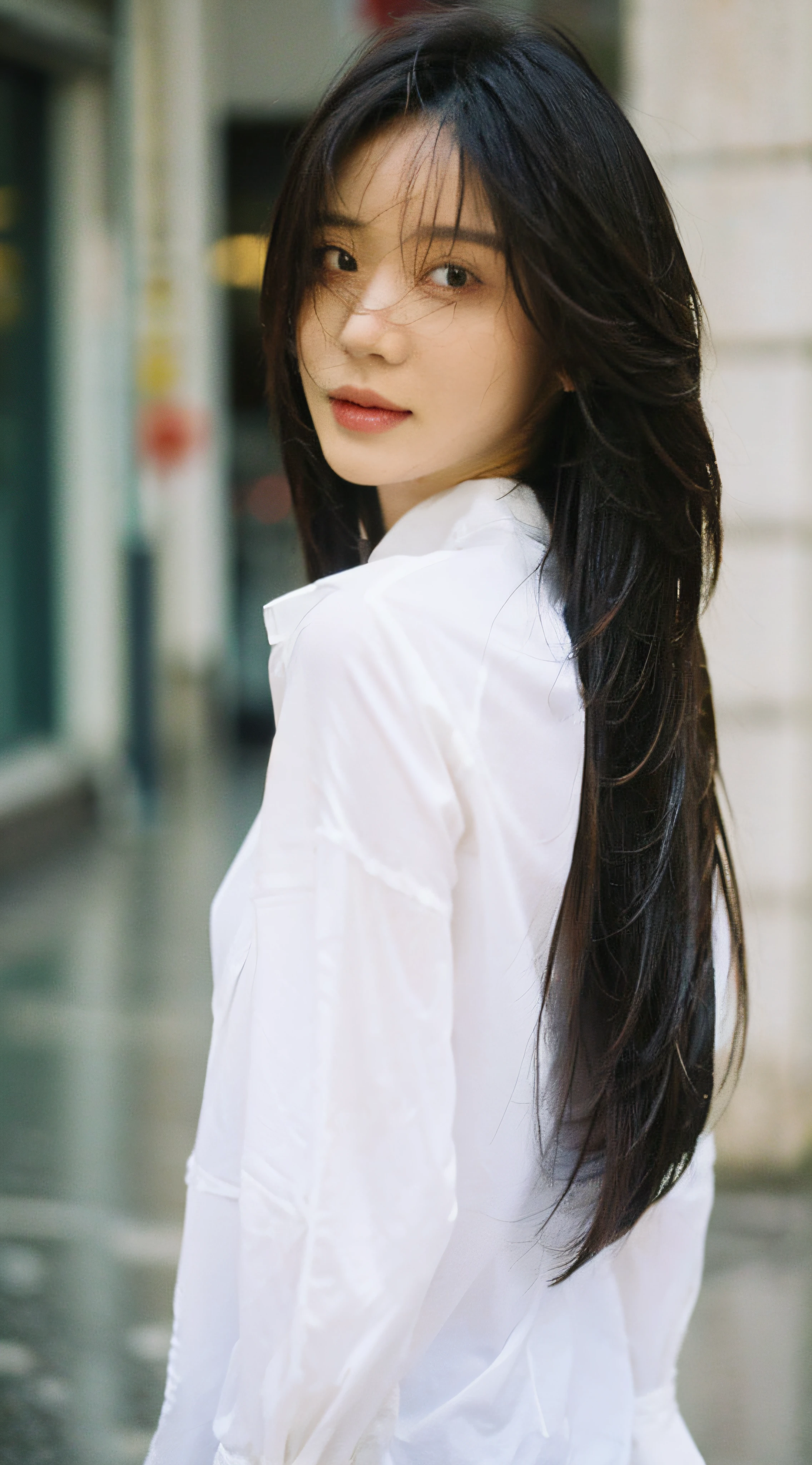 ((Best Quality, 8K, Masterpiece: 1.3)), Sharp: 1.2, Perfect Body Beauty: 1.4, Slim Abs: 1.2, ((Layered Hairstyle, Breasts: 1.2)), (Wet White Button Long Shirt: 1.1), Wind, (Rain, Street: 1.2), Wet: 1.5, Highly Detailed Face and Skin Texture, Fine Eyes, Double Eyelids, Looking Back at the Camera